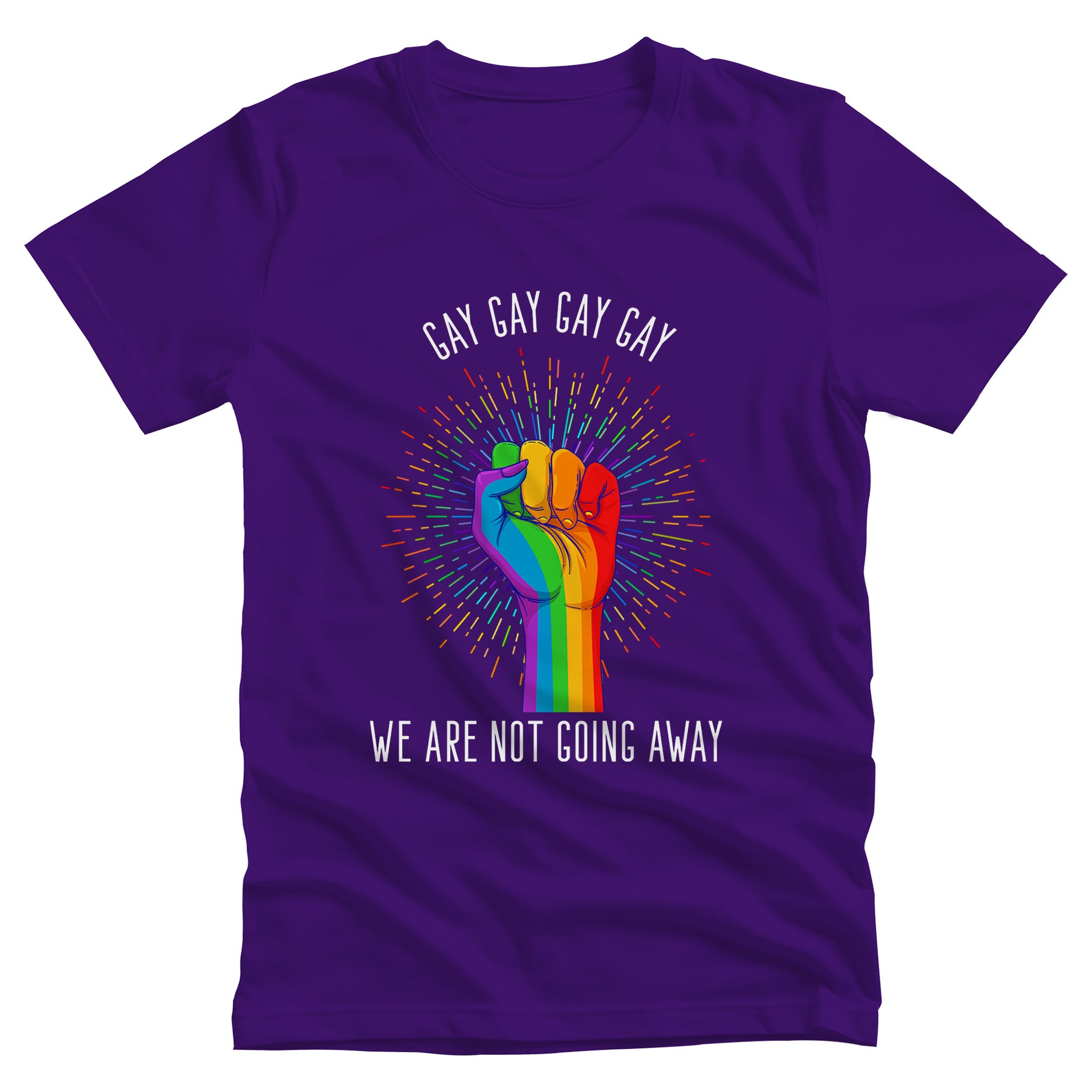 Team Purple color unisex t-shirt that says, “Gay Gay Gay Gay We Are Not Going Away” with a graphic of a rainbow fist with a thin, rainbow-colored starburst behind it. Arched over the top of the starburst are the words “Gay Gay Gay Gay” in all caps. The rest of the text is beneath the graphic on one horizontal line.