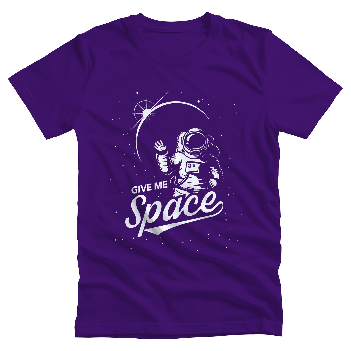 Team Purple color unisex t-shirt that says, “Give me Space” in a retro font. The text is slightly sheared upwards with an illustration of an astronaut and the mood integrated in on the right side.