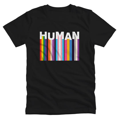 Black unisex t-shirt with a colorful and dynamic image featuring the word "HUMAN" written in an artistic style. Each letter is arranged to create a wavy pattern. There are stripes of colors coming down from the bottom of each letter representing different sexualities in the LGBTQ+ community. The "H" represents Gay, the "U" represents Lesbian, the "M" represents Trans, the "A" represents Pansexual, and the "N" represents Asexual.