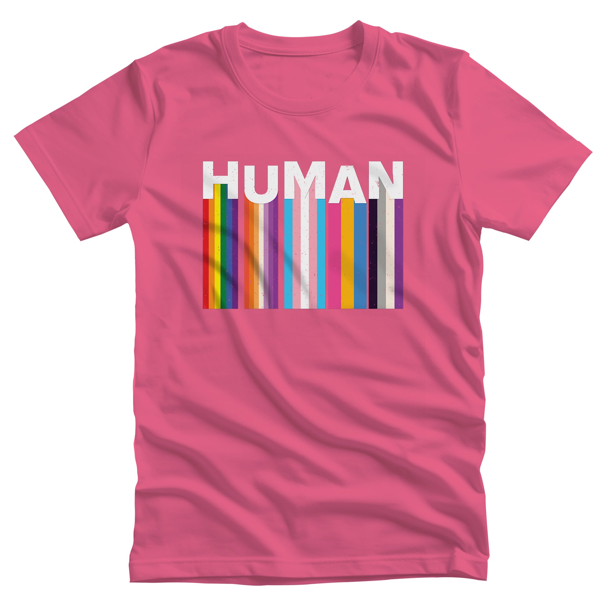 Charity Pink color unisex t-shirt with a colorful and dynamic image featuring the word "HUMAN" written in an artistic style. Each letter is arranged to create a wavy pattern. There are stripes of colors coming down from the bottom of each letter representing different sexualities in the LGBTQ+ community. The "H" represents Gay, the "U" represents Lesbian, the "M" represents Trans, the "A" represents Pansexual, and the "N" represents Asexual.