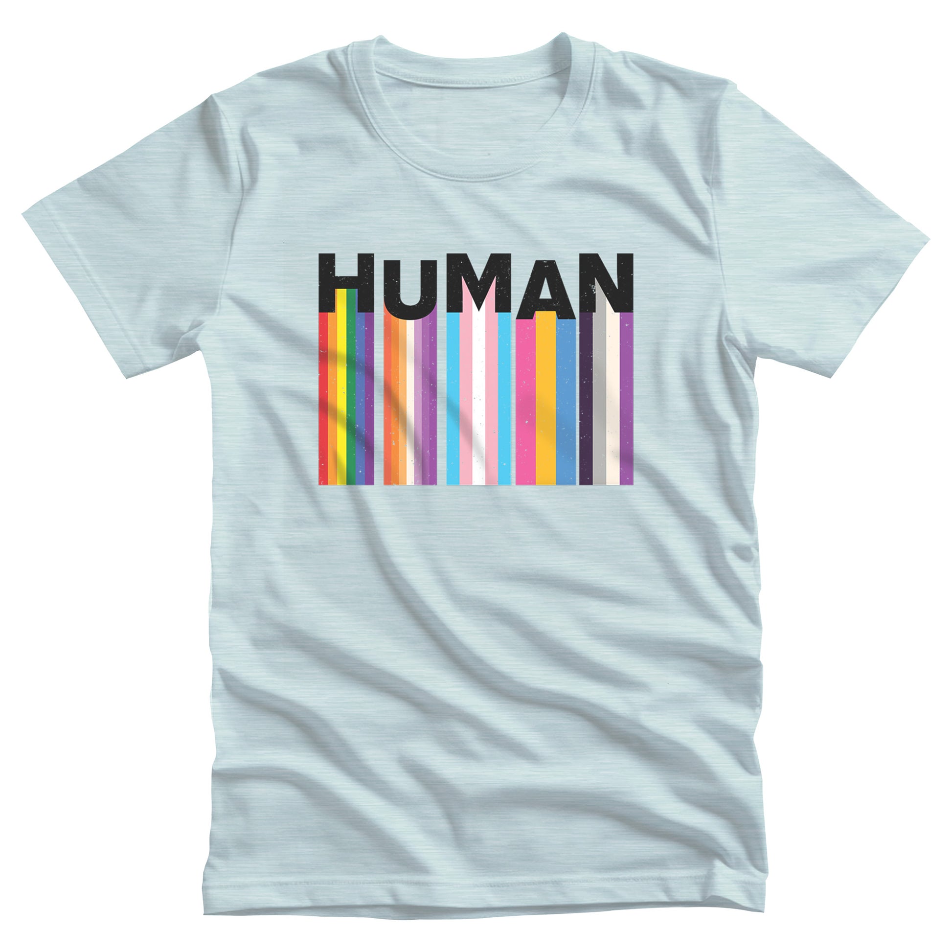 Heather Ice Blue color unisex t-shirt with a colorful and dynamic image featuring the word "HUMAN" written in an artistic style. Each letter is arranged to create a wavy pattern. There are stripes of colors coming down from the bottom of each letter representing different sexualities in the LGBTQ+ community. The "H" represents Gay, the "U" represents Lesbian, the "M" represents Trans, the "A" represents Pansexual, and the "N" represents Asexual.