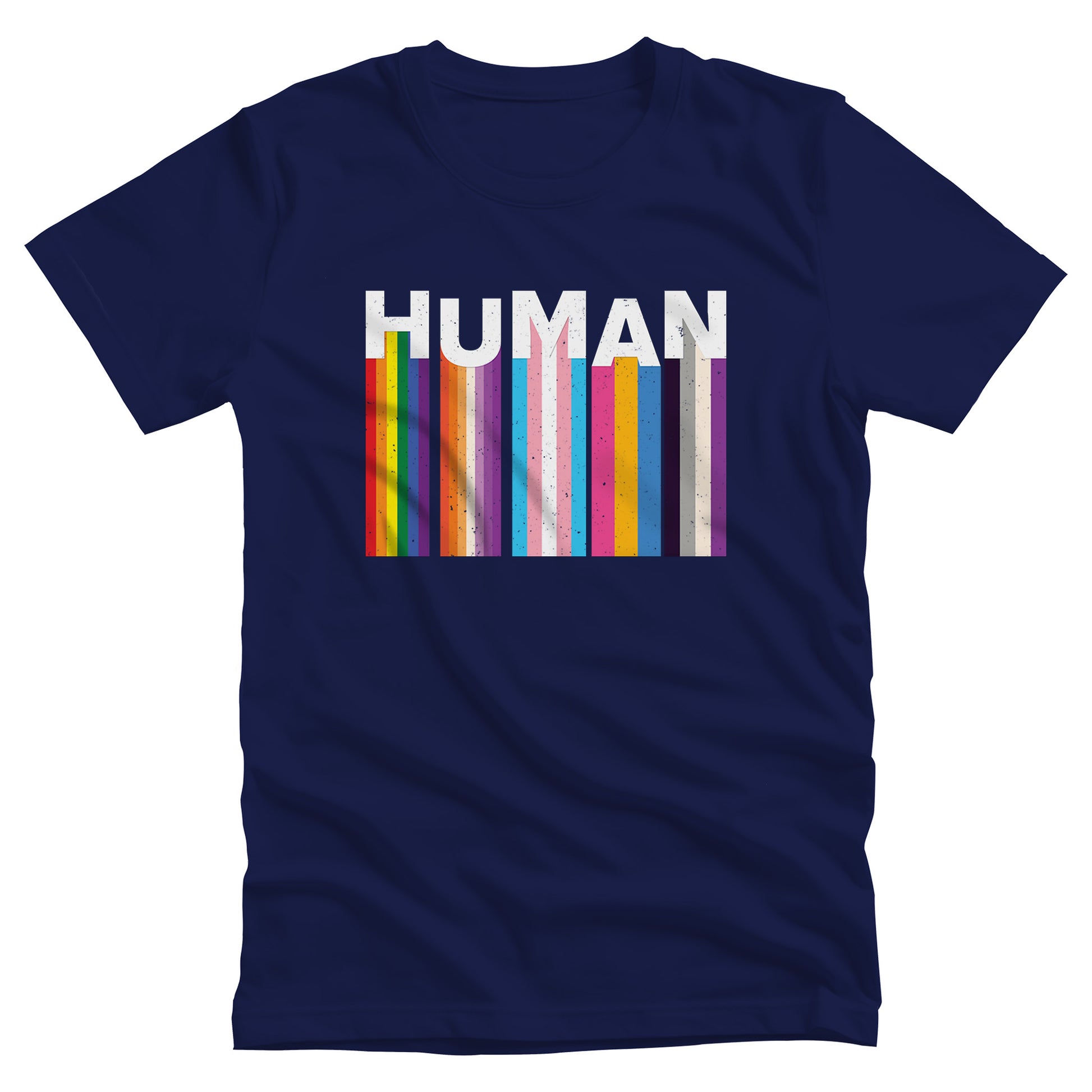 Navy Blue unisex t-shirt with a colorful and dynamic image featuring the word "HUMAN" written in an artistic style. Each letter is arranged to create a wavy pattern. There are stripes of colors coming down from the bottom of each letter representing different sexualities in the LGBTQ+ community. The "H" represents Gay, the "U" represents Lesbian, the "M" represents Trans, the "A" represents Pansexual, and the "N" represents Asexual.