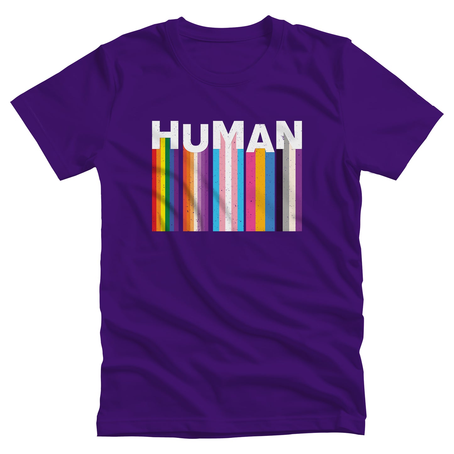 Team Purple color unisex t-shirt with a colorful and dynamic image featuring the word "HUMAN" written in an artistic style. Each letter is arranged to create a wavy pattern. There are stripes of colors coming down from the bottom of each letter representing different sexualities in the LGBTQ+ community. The "H" represents Gay, the "U" represents Lesbian, the "M" represents Trans, the "A" represents Pansexual, and the "N" represents Asexual.