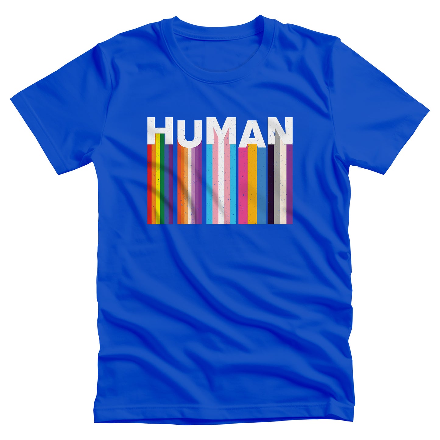 True Royal color unisex t-shirt with a colorful and dynamic image featuring the word "HUMAN" written in an artistic style. Each letter is arranged to create a wavy pattern. There are stripes of colors coming down from the bottom of each letter representing different sexualities in the LGBTQ+ community. The "H" represents Gay, the "U" represents Lesbian, the "M" represents Trans, the "A" represents Pansexual, and the "N" represents Asexual.