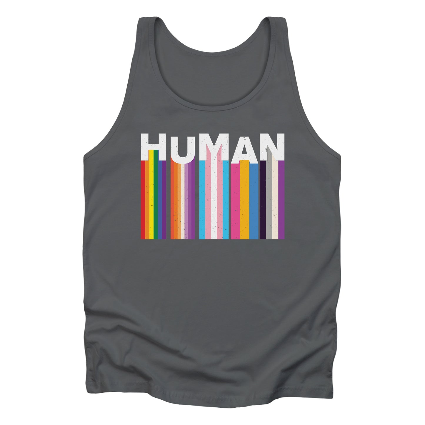 Asphalt unisex tank top with a colorful and dynamic image featuring the word "HUMAN" written in an artistic style.  Each letter is arranged to create a wavy pattern. There are stripes of colors coming down from the bottom of each letter representing different sexualities in the LGBTQ+ community. The "H" represents Gay, the "U" represents Lesbian, the "M" represents Trans, the "A" represents Pansexual, and the "N" represents Asexual.