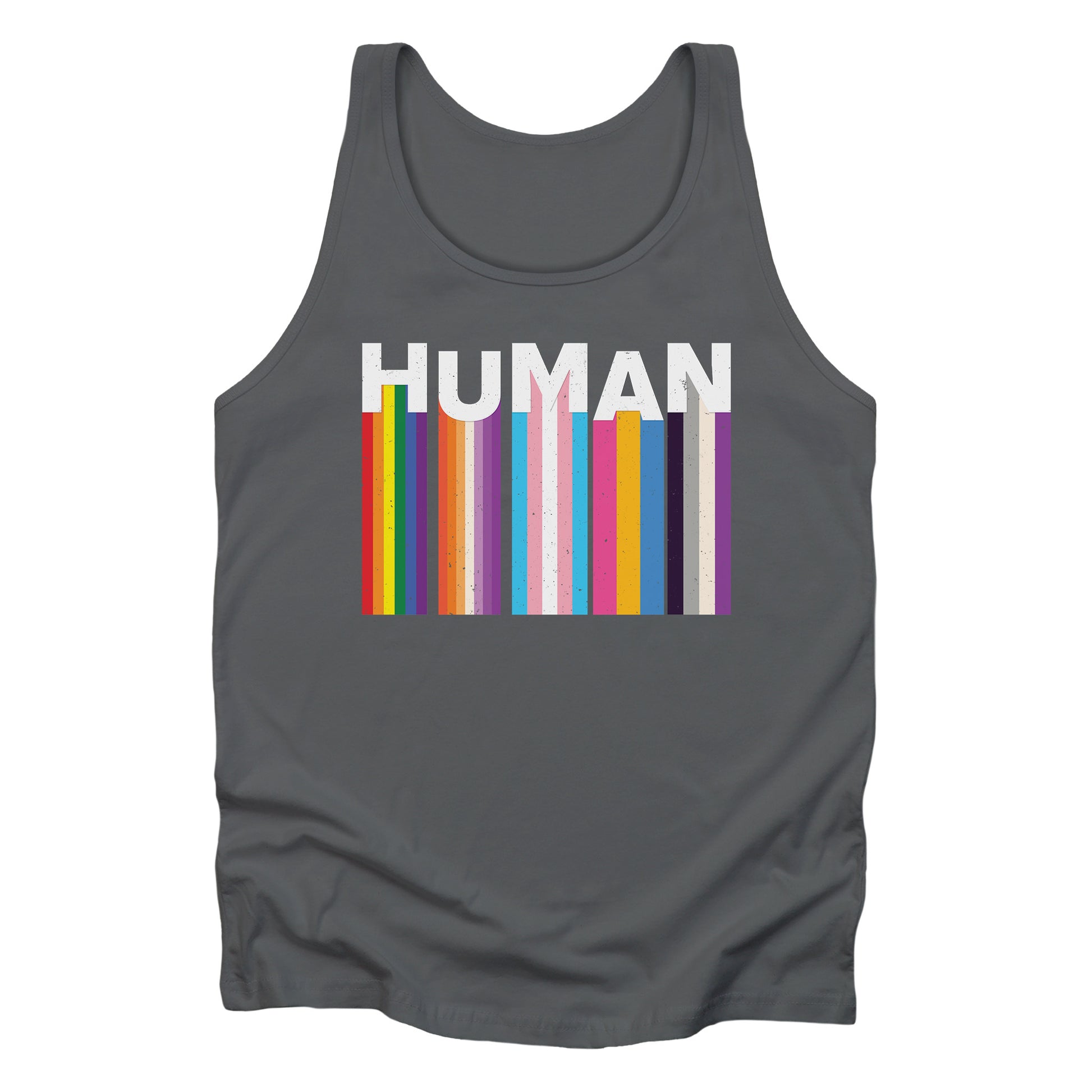 Asphalt unisex tank top with a colorful and dynamic image featuring the word "HUMAN" written in an artistic style.  Each letter is arranged to create a wavy pattern. There are stripes of colors coming down from the bottom of each letter representing different sexualities in the LGBTQ+ community. The "H" represents Gay, the "U" represents Lesbian, the "M" represents Trans, the "A" represents Pansexual, and the "N" represents Asexual.