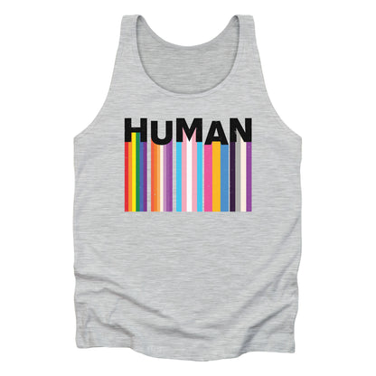 Athletic Heather color unisex tank top with a colorful and dynamic image featuring the word "HUMAN" written in an artistic style.  Each letter is arranged to create a wavy pattern. There are stripes of colors coming down from the bottom of each letter representing different sexualities in the LGBTQ+ community. The "H" represents Gay, the "U" represents Lesbian, the "M" represents Trans, the "A" represents Pansexual, and the "N" represents Asexual.