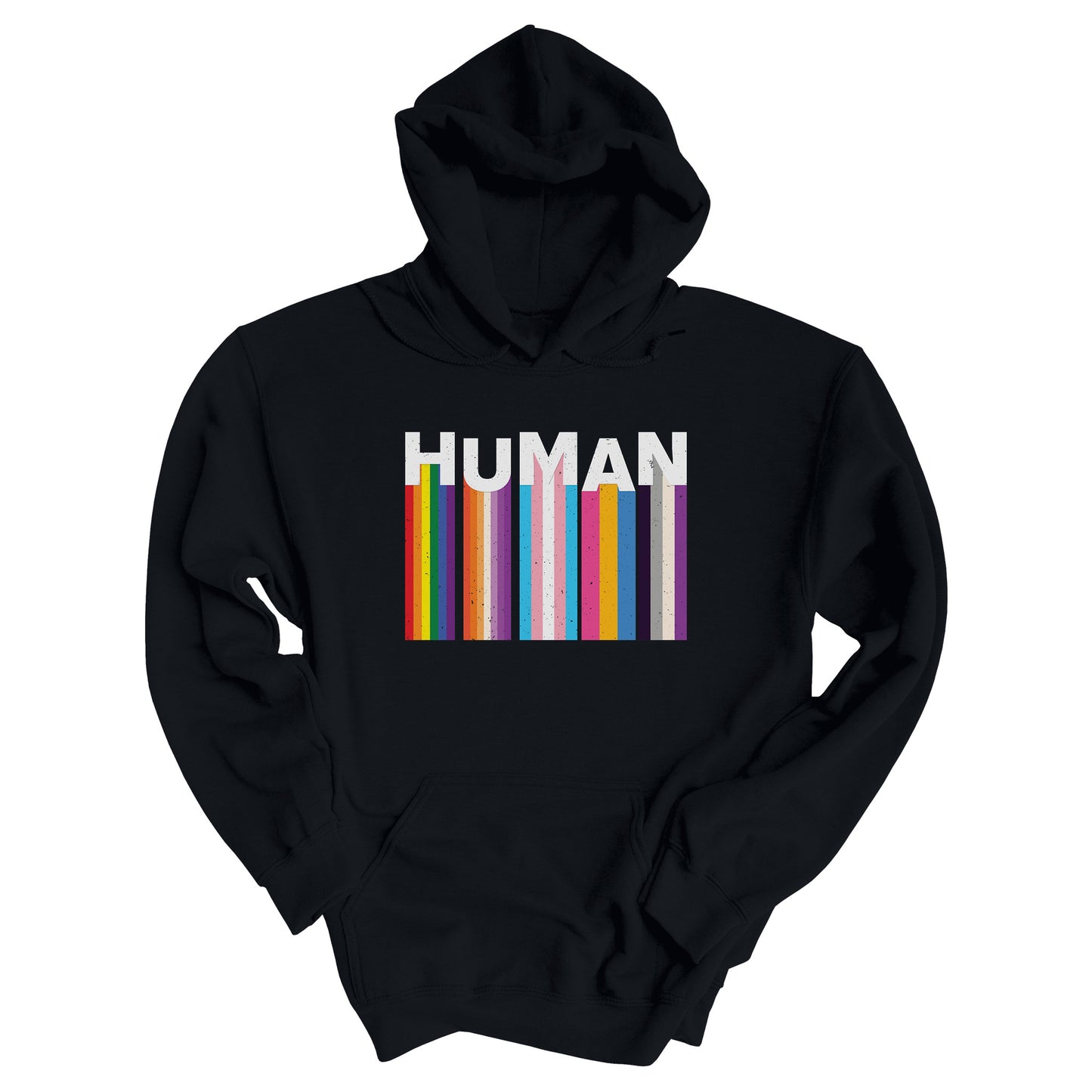 Black unisex hoodie with a colorful and dynamic image featuring the word "HUMAN" written in an artistic style.  Each letter is arranged to create a wavy pattern. There are stripes of colors coming down from the bottom of each letter representing different sexualities in the LGBTQ+ community. The "H" represents Gay, the "U" represents Lesbian, the "M" represents Trans, the "A" represents Pansexual, and the "N" represents Asexual.