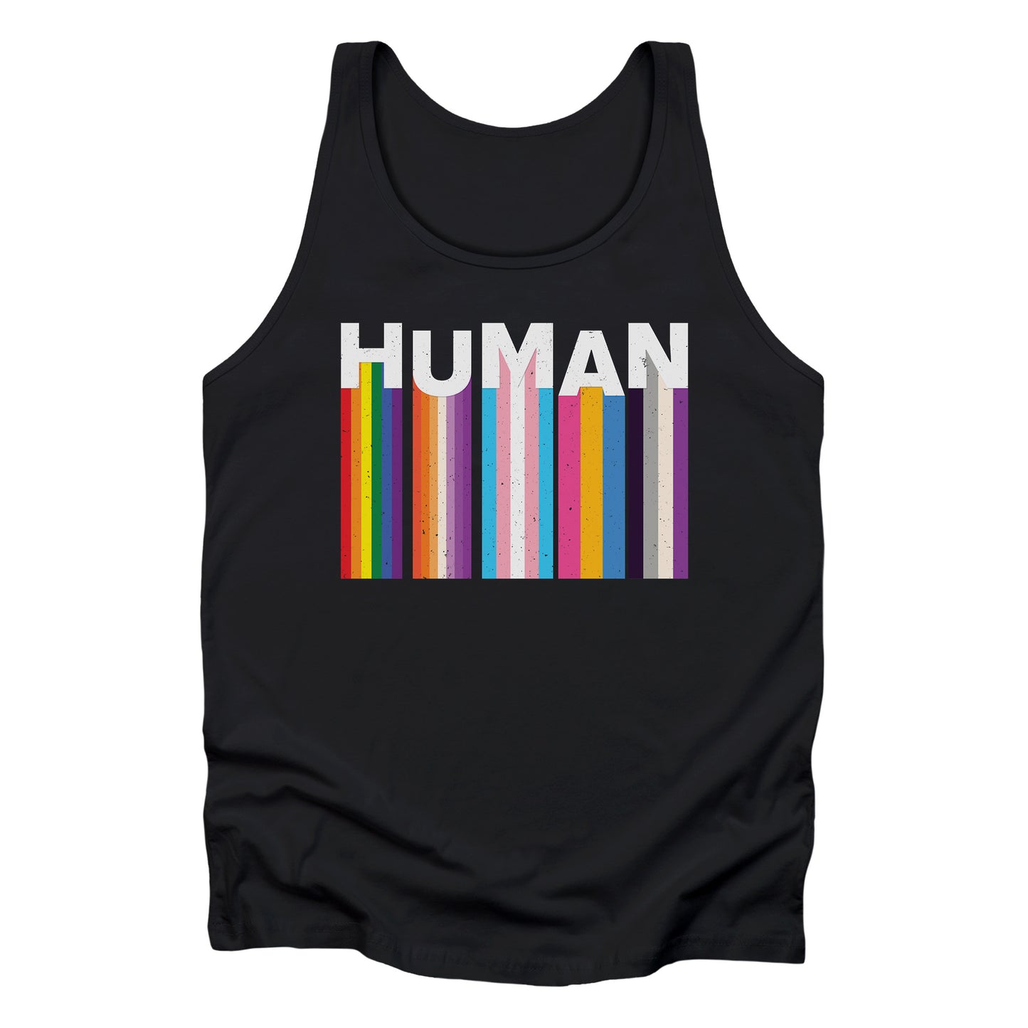 Black unisex tank top with a colorful and dynamic image featuring the word "HUMAN" written in an artistic style.  Each letter is arranged to create a wavy pattern. There are stripes of colors coming down from the bottom of each letter representing different sexualities in the LGBTQ+ community. The "H" represents Gay, the "U" represents Lesbian, the "M" represents Trans, the "A" represents Pansexual, and the "N" represents Asexual.