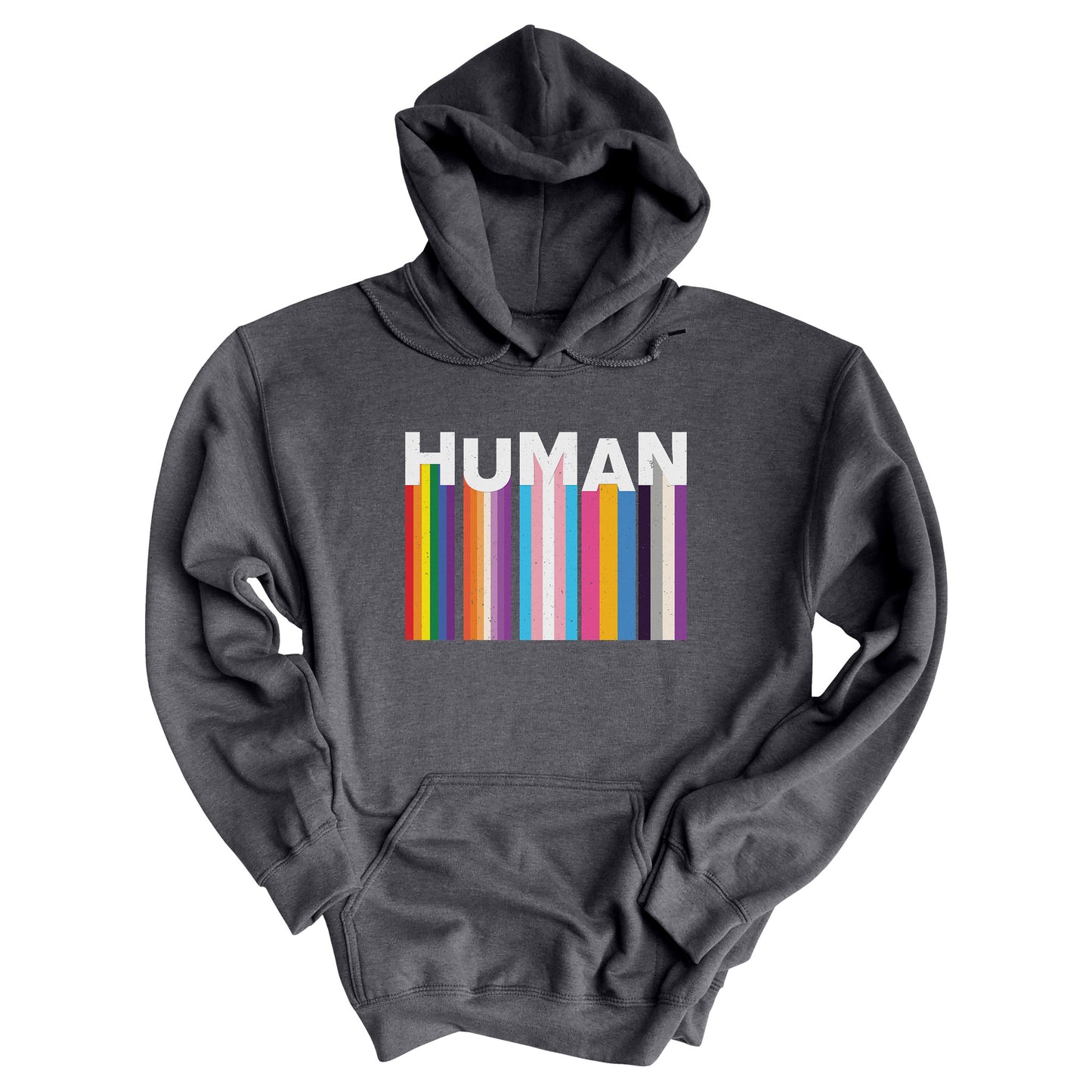 Dark Heather color unisex hoodie with a colorful and dynamic image featuring the word "HUMAN" written in an artistic style.  Each letter is arranged to create a wavy pattern. There are stripes of colors coming down from the bottom of each letter representing different sexualities in the LGBTQ+ community. The "H" represents Gay, the "U" represents Lesbian, the "M" represents Trans, the "A" represents Pansexual, and the "N" represents Asexual.