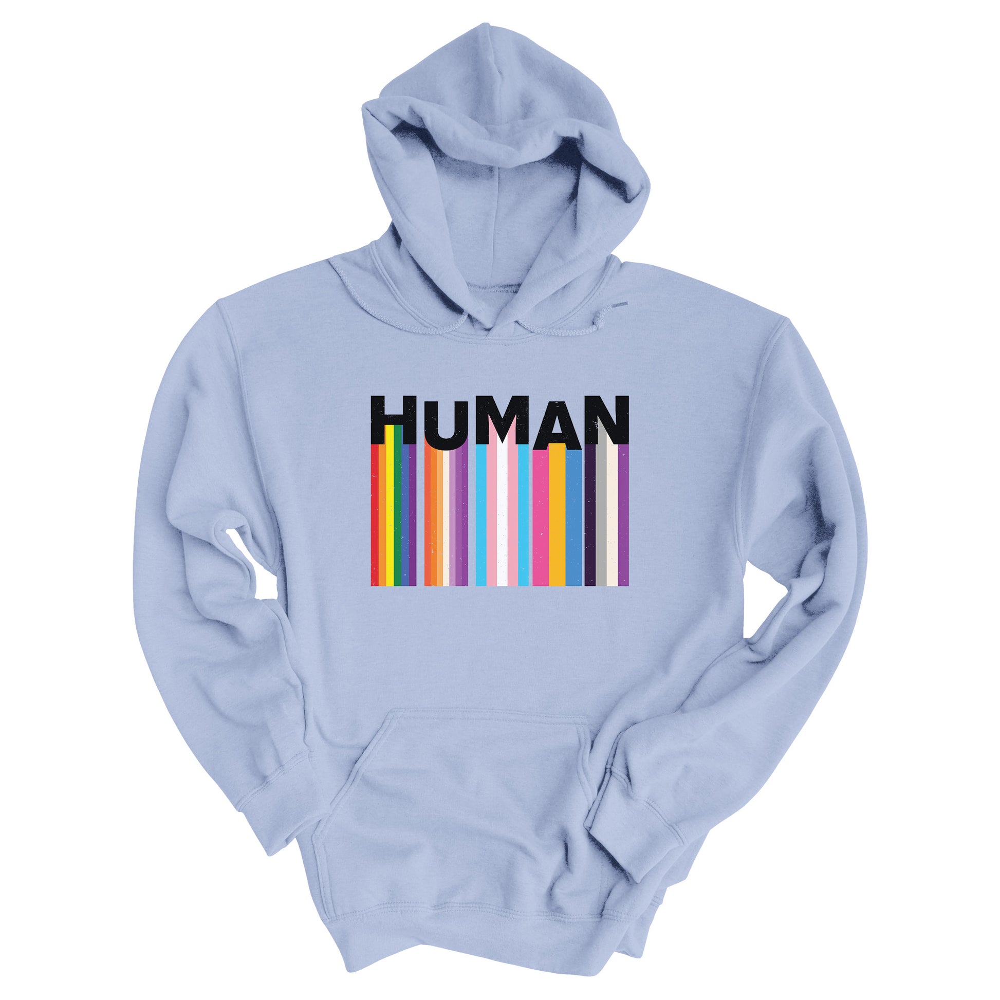 Light Blue unisex hoodie with a colorful and dynamic image featuring the word "HUMAN" written in an artistic style.  Each letter is arranged to create a wavy pattern. There are stripes of colors coming down from the bottom of each letter representing different sexualities in the LGBTQ+ community. The "H" represents Gay, the "U" represents Lesbian, the "M" represents Trans, the "A" represents Pansexual, and the "N" represents Asexual.