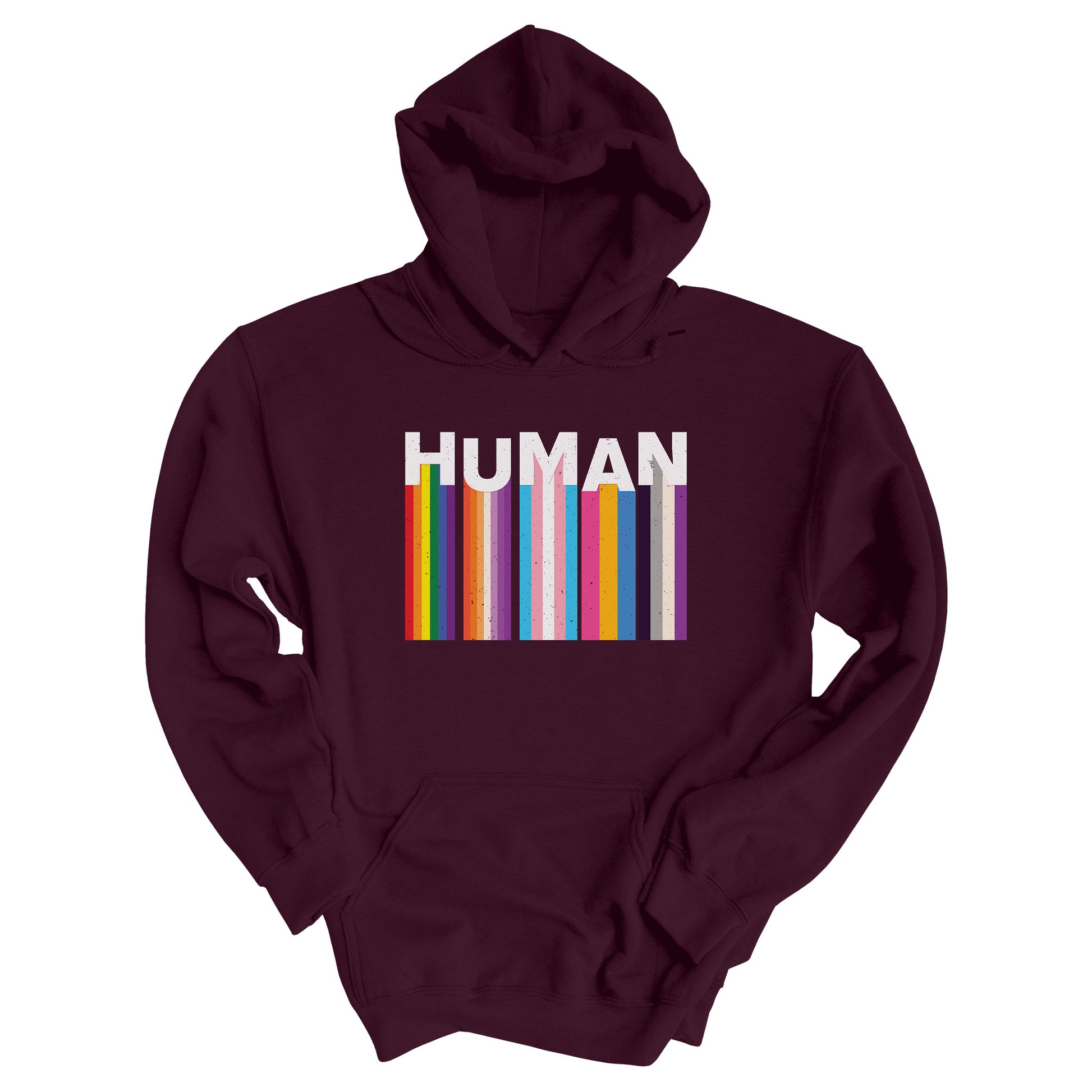 Maroon unisex hoodie with a colorful and dynamic image featuring the word "HUMAN" written in an artistic style.  Each letter is arranged to create a wavy pattern. There are stripes of colors coming down from the bottom of each letter representing different sexualities in the LGBTQ+ community. The "H" represents Gay, the "U" represents Lesbian, the "M" represents Trans, the "A" represents Pansexual, and the "N" represents Asexual.