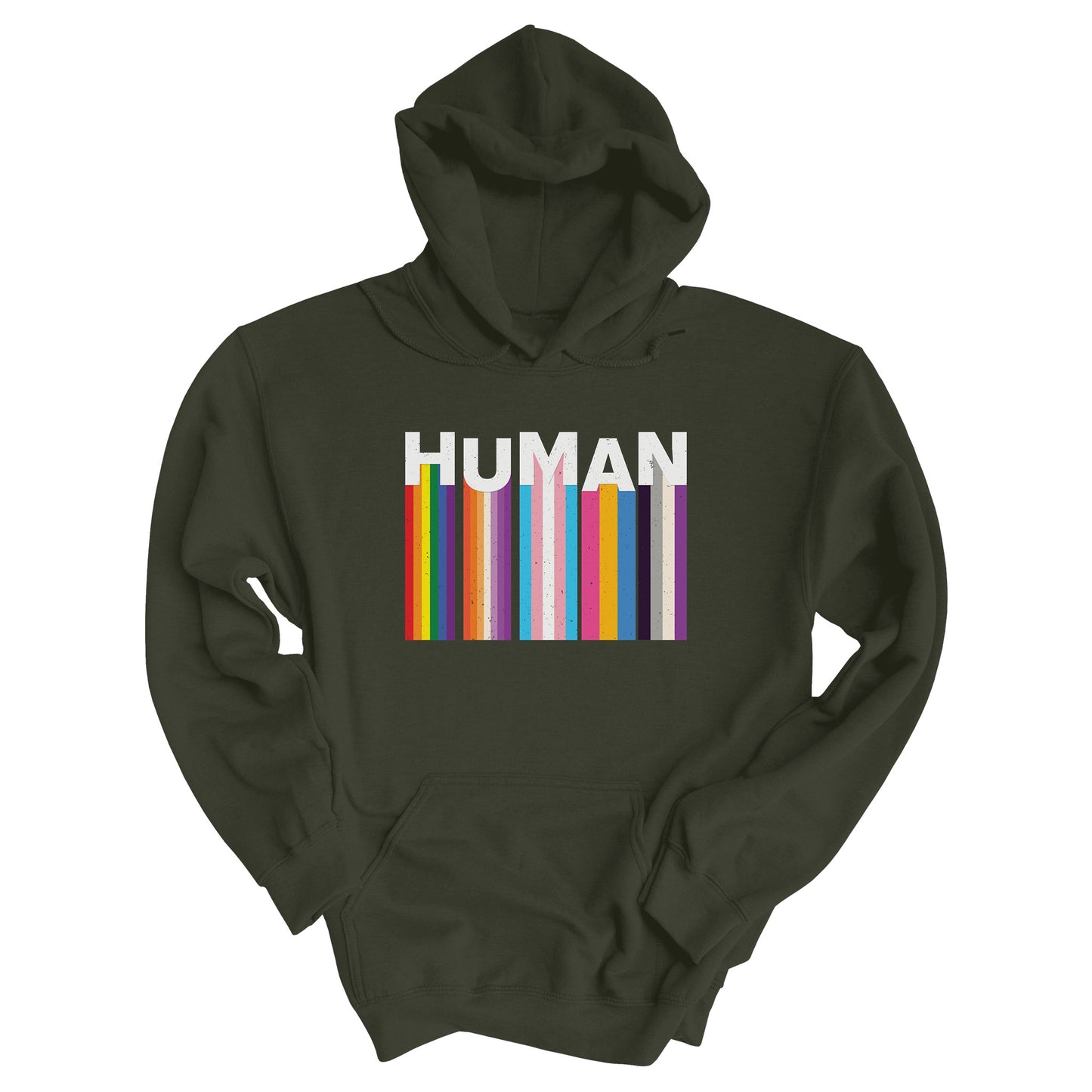 Military Green color unisex hoodie with a colorful and dynamic image featuring the word "HUMAN" written in an artistic style.  Each letter is arranged to create a wavy pattern. There are stripes of colors coming down from the bottom of each letter representing different sexualities in the LGBTQ+ community. The "H" represents Gay, the "U" represents Lesbian, the "M" represents Trans, the "A" represents Pansexual, and the "N" represents Asexual.