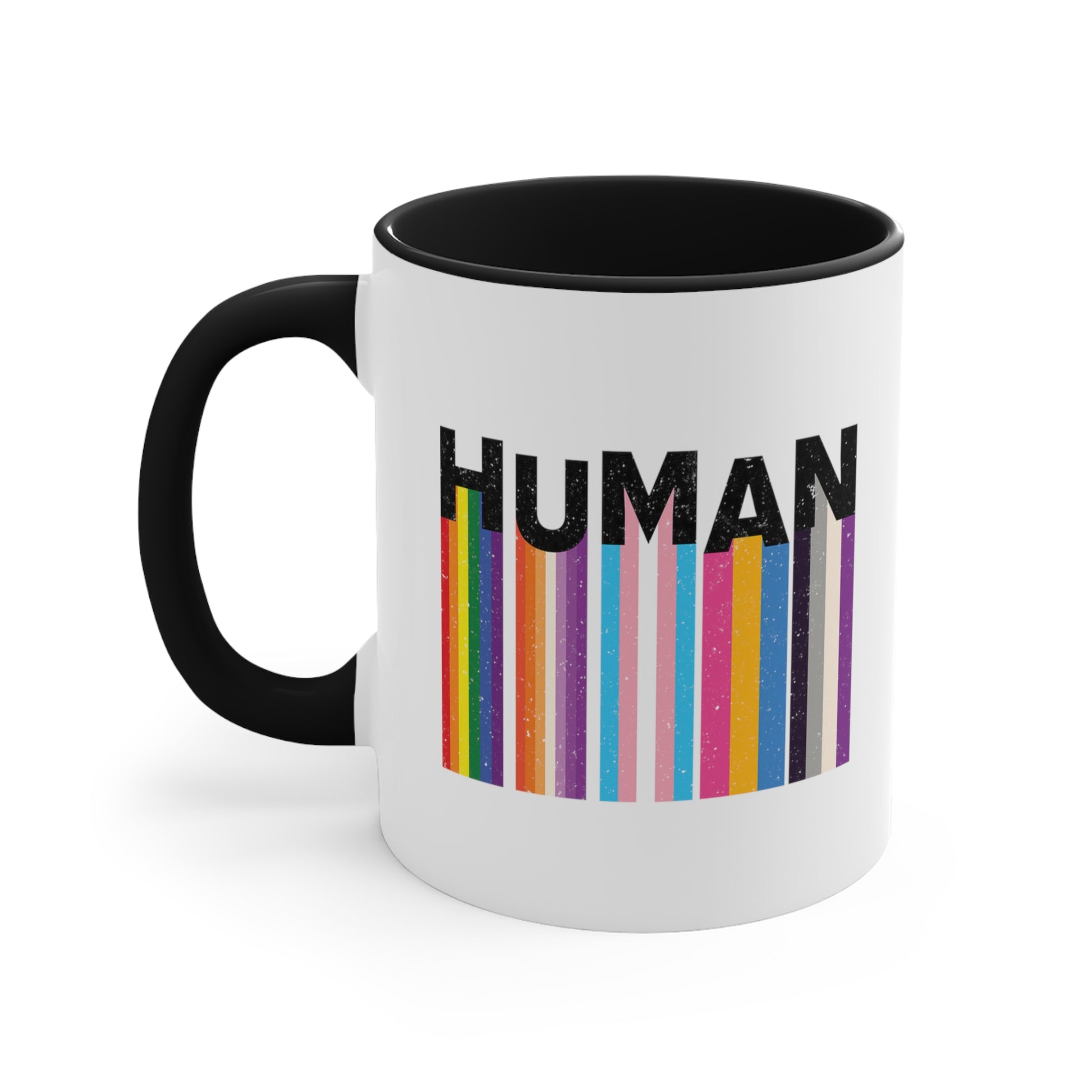 11oz ceramic mug with a black interior and handle. It has a colorful and dynamic image featuring the word "HUMAN" written in an artistic style.  Each letter is arranged to create a wavy pattern. There are stripes of colors coming down from the bottom of each letter representing different sexualities in the LGBTQ+ community. The "H" represents Gay, the "U" represents Lesbian, the "M" represents Trans, the "A" represents Pansexual, and the "N" represents Asexual.