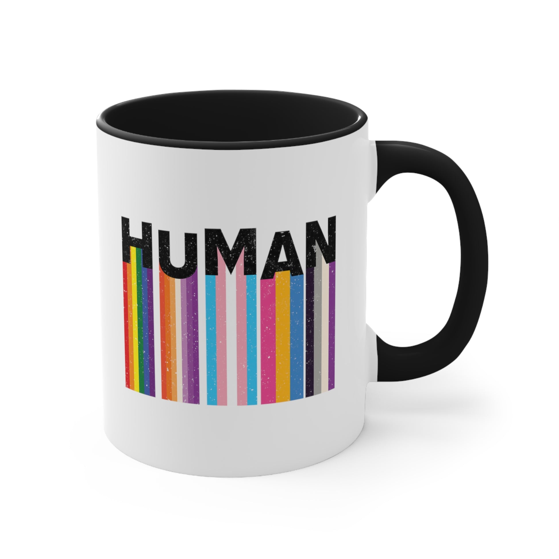 11oz ceramic mug with a black interior and handle. It has a colorful and dynamic image featuring the word "HUMAN" written in an artistic style.  Each letter is arranged to create a wavy pattern. There are stripes of colors coming down from the bottom of each letter representing different sexualities in the LGBTQ+ community. The "H" represents Gay, the "U" represents Lesbian, the "M" represents Trans, the "A" represents Pansexual, and the "N" represents Asexual.