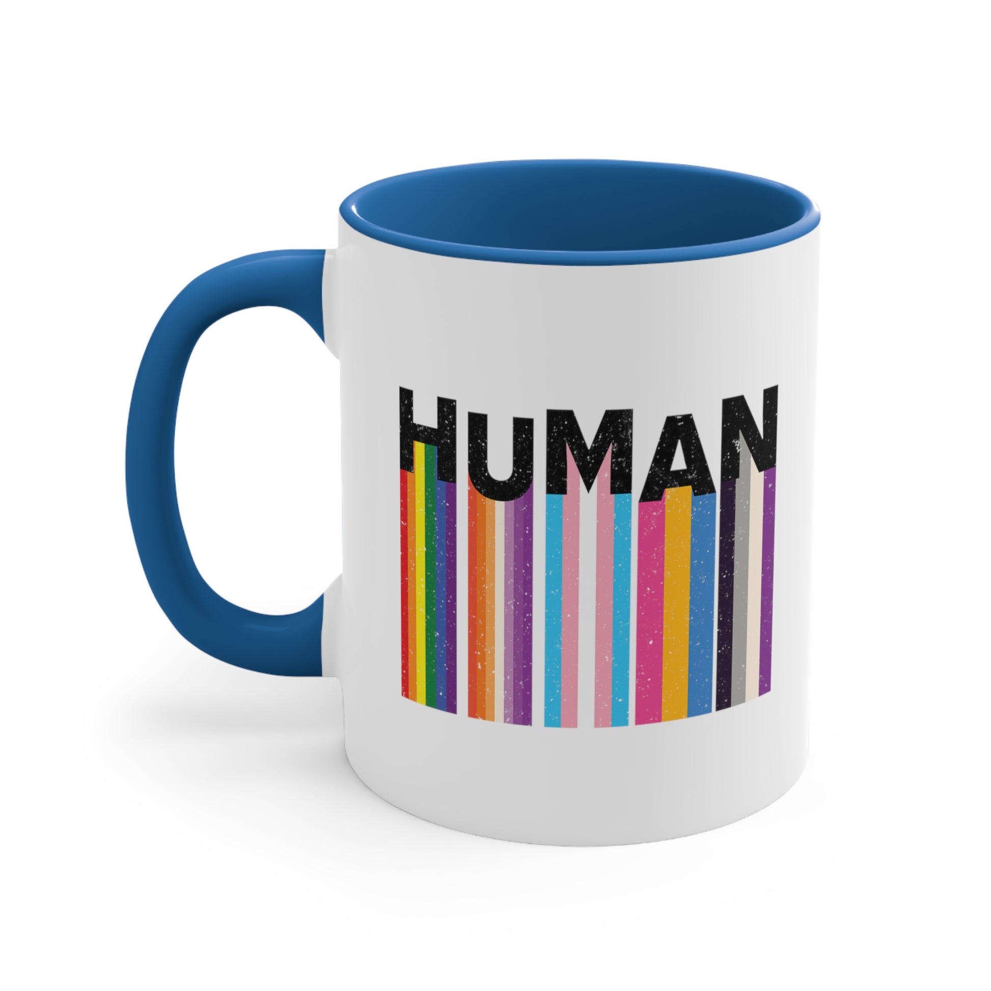 11oz ceramic mug with a blue interior and handle. It has a colorful and dynamic image featuring the word "HUMAN" written in an artistic style.  Each letter is arranged to create a wavy pattern. There are stripes of colors coming down from the bottom of each letter representing different sexualities in the LGBTQ+ community. The "H" represents Gay, the "U" represents Lesbian, the "M" represents Trans, the "A" represents Pansexual, and the "N" represents Asexual.