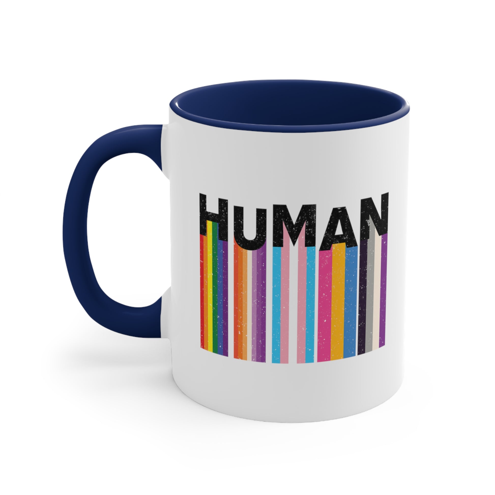 11oz ceramic mug with a navy blue interior and handle. It has a colorful and dynamic image featuring the word "HUMAN" written in an artistic style.  Each letter is arranged to create a wavy pattern. There are stripes of colors coming down from the bottom of each letter representing different sexualities in the LGBTQ+ community. The "H" represents Gay, the "U" represents Lesbian, the "M" represents Trans, the "A" represents Pansexual, and the "N" represents Asexual.