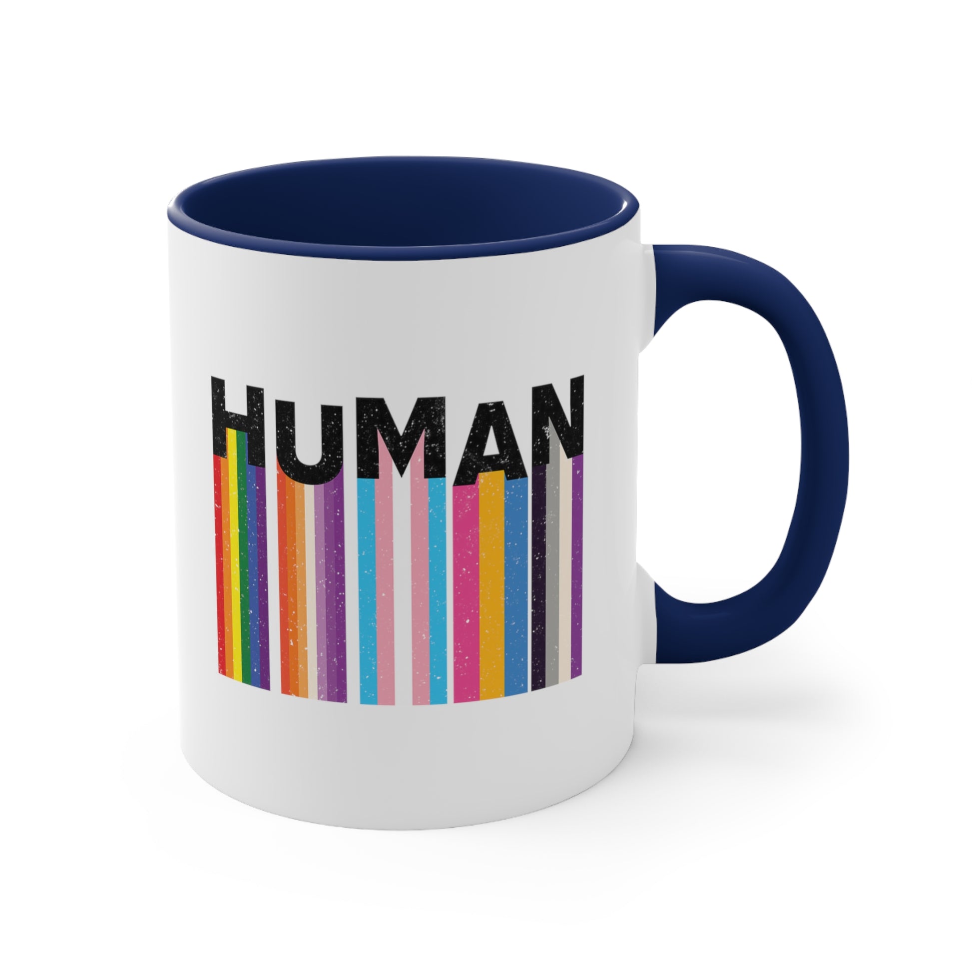 11oz ceramic mug with a navy blue interior and handle. It has a colorful and dynamic image featuring the word "HUMAN" written in an artistic style.  Each letter is arranged to create a wavy pattern. There are stripes of colors coming down from the bottom of each letter representing different sexualities in the LGBTQ+ community. The "H" represents Gay, the "U" represents Lesbian, the "M" represents Trans, the "A" represents Pansexual, and the "N" represents Asexual.