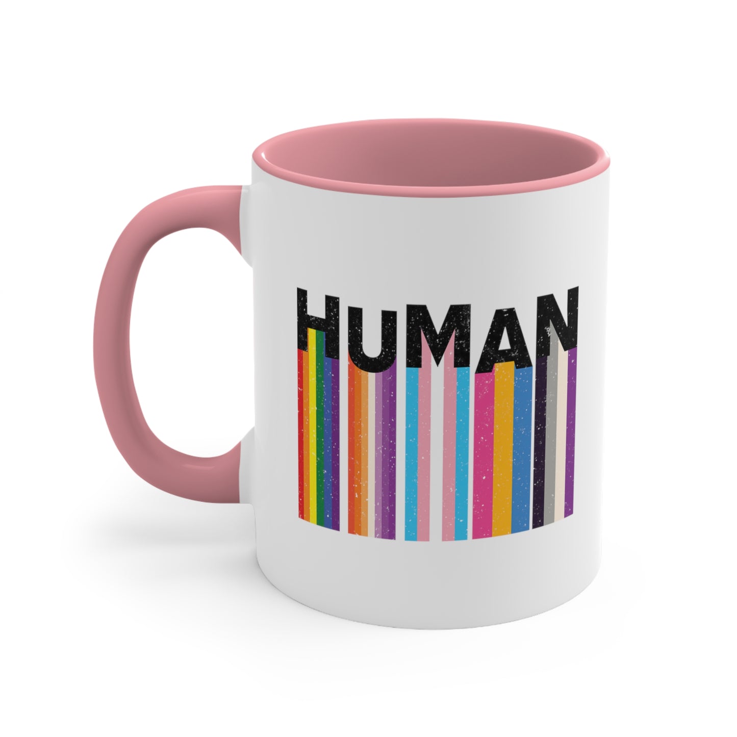 11oz ceramic mug with a pink interior and handle. It has a colorful and dynamic image featuring the word "HUMAN" written in an artistic style.  Each letter is arranged to create a wavy pattern. There are stripes of colors coming down from the bottom of each letter representing different sexualities in the LGBTQ+ community. The "H" represents Gay, the "U" represents Lesbian, the "M" represents Trans, the "A" represents Pansexual, and the "N" represents Asexual.