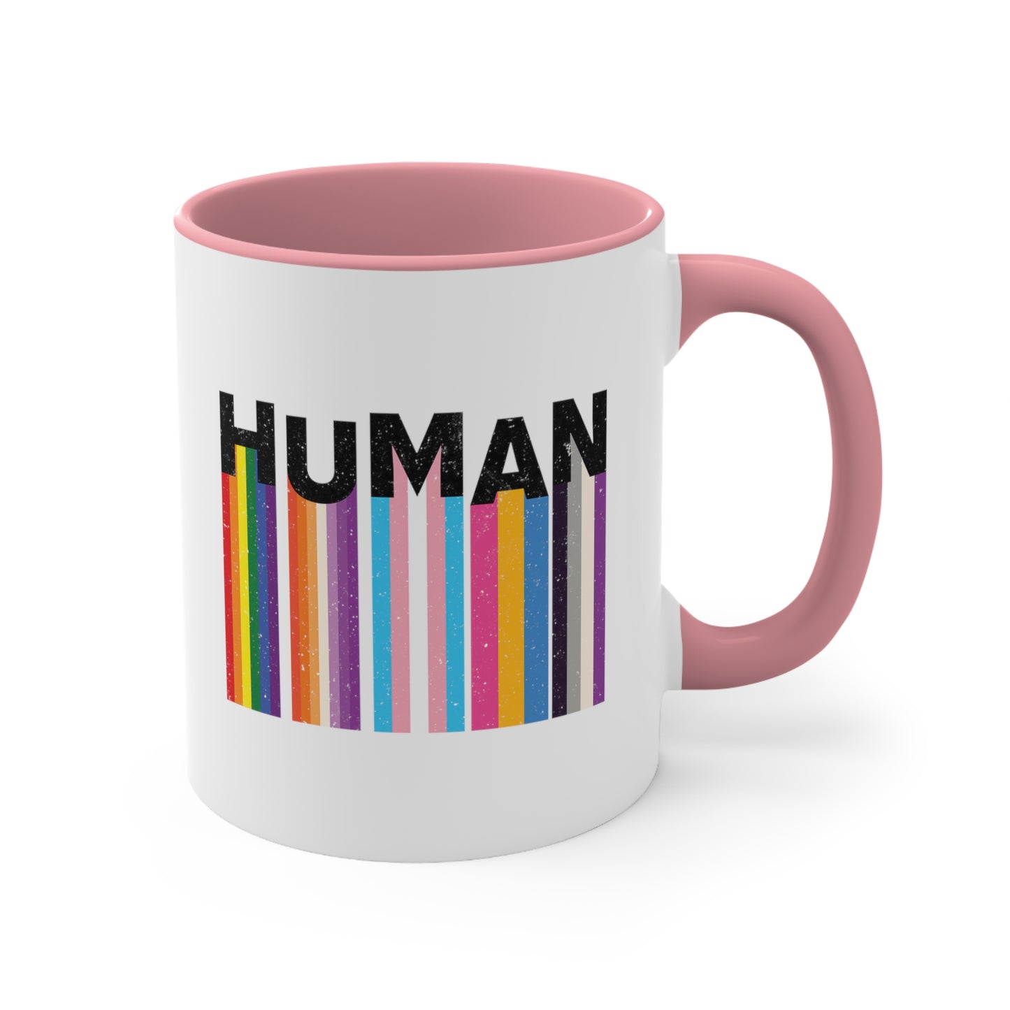 11oz ceramic mug with a pink interior and handle. It has a colorful and dynamic image featuring the word "HUMAN" written in an artistic style.  Each letter is arranged to create a wavy pattern. There are stripes of colors coming down from the bottom of each letter representing different sexualities in the LGBTQ+ community. The "H" represents Gay, the "U" represents Lesbian, the "M" represents Trans, the "A" represents Pansexual, and the "N" represents Asexual.