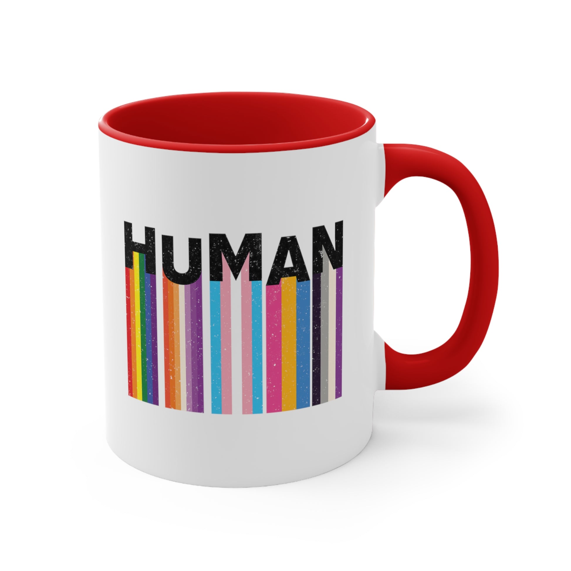 11oz ceramic mug with a red interior and handle. It has a colorful and dynamic image featuring the word "HUMAN" written in an artistic style.  Each letter is arranged to create a wavy pattern. There are stripes of colors coming down from the bottom of each letter representing different sexualities in the LGBTQ+ community. The "H" represents Gay, the "U" represents Lesbian, the "M" represents Trans, the "A" represents Pansexual, and the "N" represents Asexual.