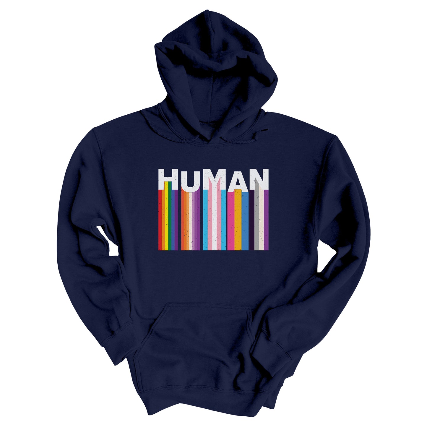 Navy Blue unisex hoodie with a colorful and dynamic image featuring the word "HUMAN" written in an artistic style.  Each letter is arranged to create a wavy pattern. There are stripes of colors coming down from the bottom of each letter representing different sexualities in the LGBTQ+ community. The "H" represents Gay, the "U" represents Lesbian, the "M" represents Trans, the "A" represents Pansexual, and the "N" represents Asexual.