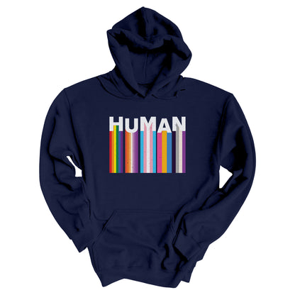 Navy Blue unisex hoodie with a colorful and dynamic image featuring the word "HUMAN" written in an artistic style.  Each letter is arranged to create a wavy pattern. There are stripes of colors coming down from the bottom of each letter representing different sexualities in the LGBTQ+ community. The "H" represents Gay, the "U" represents Lesbian, the "M" represents Trans, the "A" represents Pansexual, and the "N" represents Asexual.