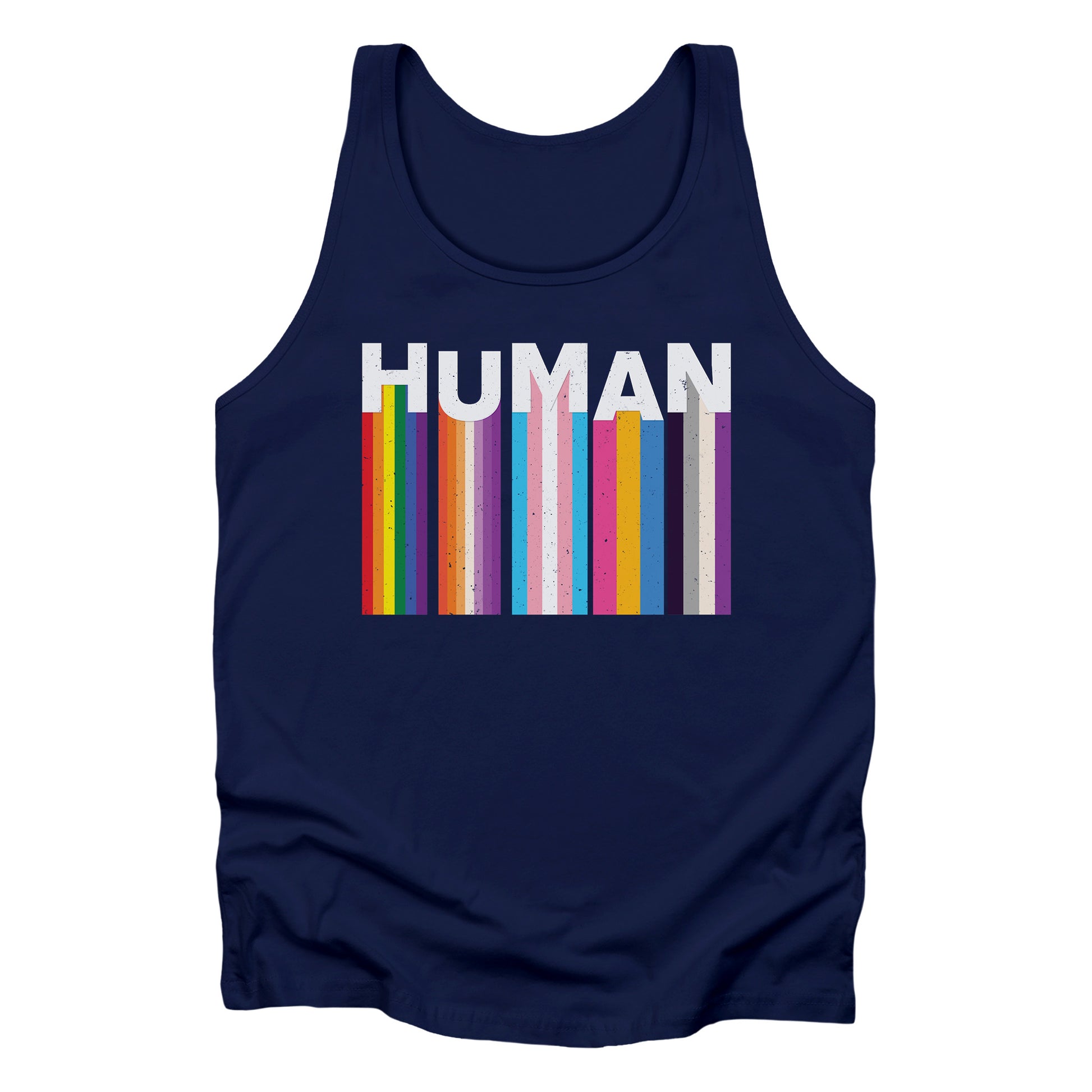 Navy Blue unisex tank top with a colorful and dynamic image featuring the word "HUMAN" written in an artistic style.  Each letter is arranged to create a wavy pattern. There are stripes of colors coming down from the bottom of each letter representing different sexualities in the LGBTQ+ community. The "H" represents Gay, the "U" represents Lesbian, the "M" represents Trans, the "A" represents Pansexual, and the "N" represents Asexual.