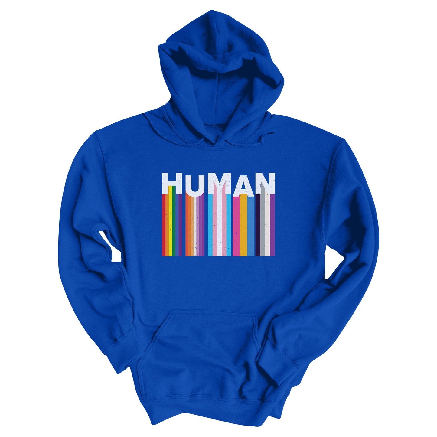 Royal color unisex hoodie with a colorful and dynamic image featuring the word "HUMAN" written in an artistic style.  Each letter is arranged to create a wavy pattern. There are stripes of colors coming down from the bottom of each letter representing different sexualities in the LGBTQ+ community. The "H" represents Gay, the "U" represents Lesbian, the "M" represents Trans, the "A" represents Pansexual, and the "N" represents Asexual.