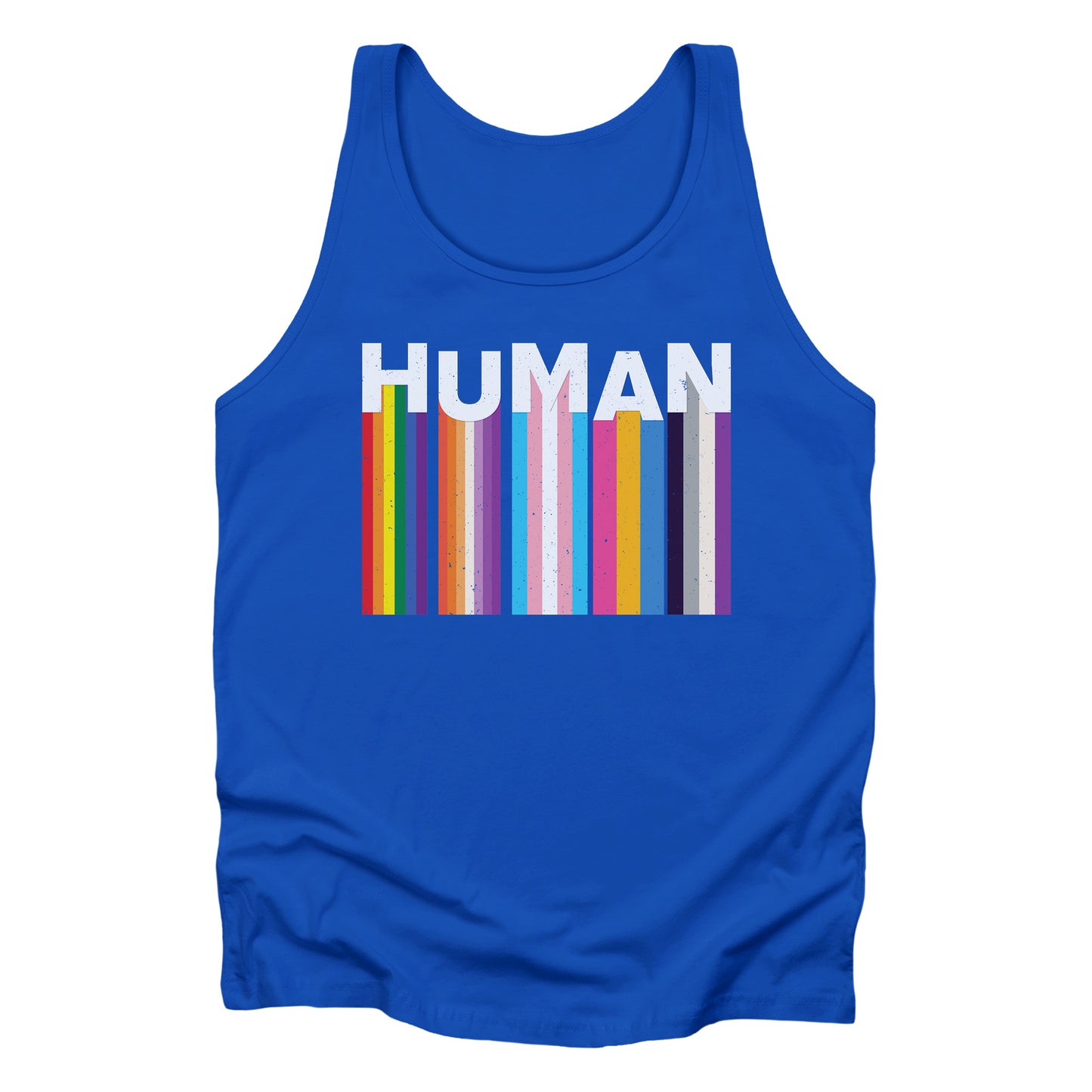 True Royal color unisex tank top with a colorful and dynamic image featuring the word "HUMAN" written in an artistic style.  Each letter is arranged to create a wavy pattern. There are stripes of colors coming down from the bottom of each letter representing different sexualities in the LGBTQ+ community. The "H" represents Gay, the "U" represents Lesbian, the "M" represents Trans, the "A" represents Pansexual, and the "N" represents Asexual.