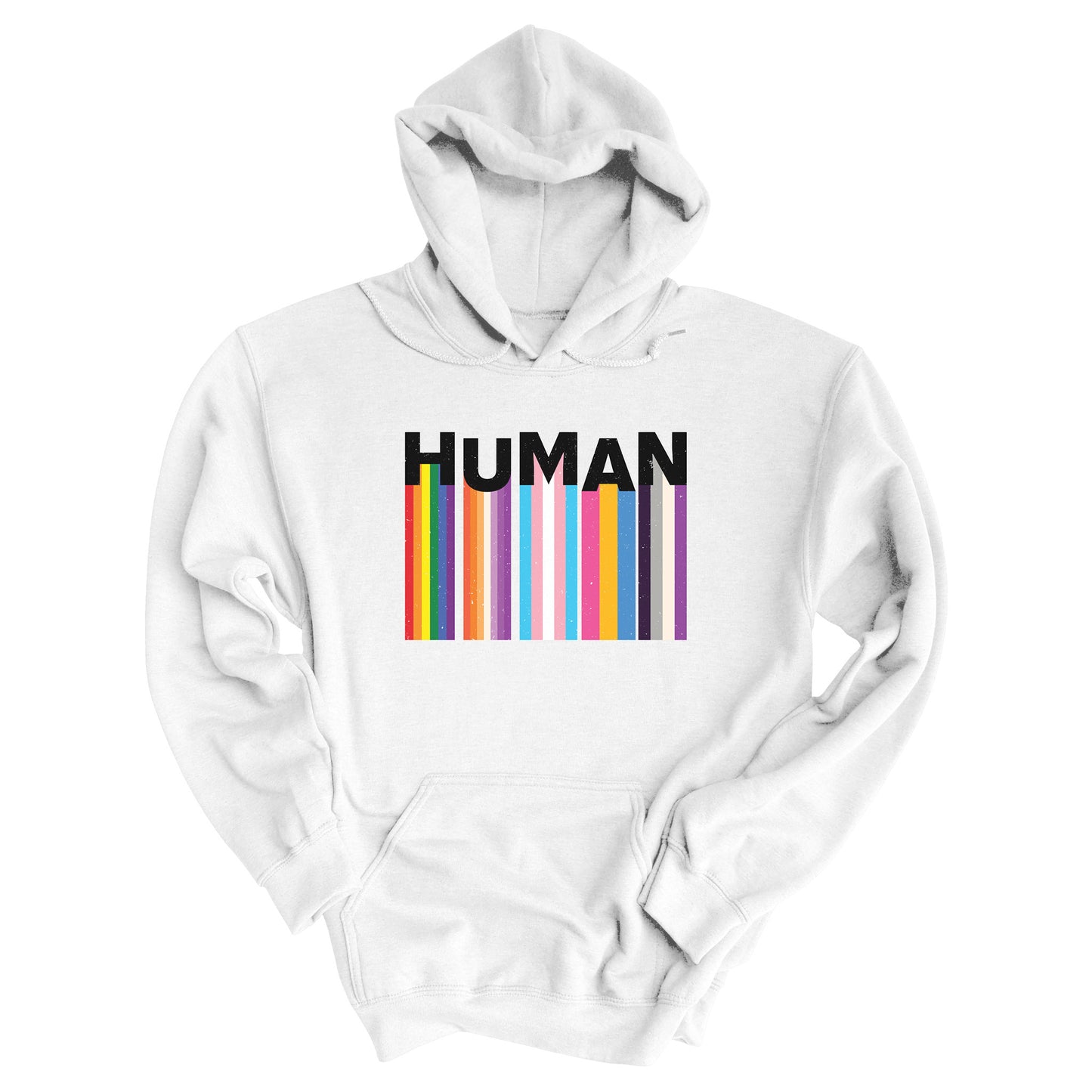 White unisex hoodie with a colorful and dynamic image featuring the word "HUMAN" written in an artistic style.  Each letter is arranged to create a wavy pattern. There are stripes of colors coming down from the bottom of each letter representing different sexualities in the LGBTQ+ community. The "H" represents Gay, the "U" represents Lesbian, the "M" represents Trans, the "A" represents Pansexual, and the "N" represents Asexual.