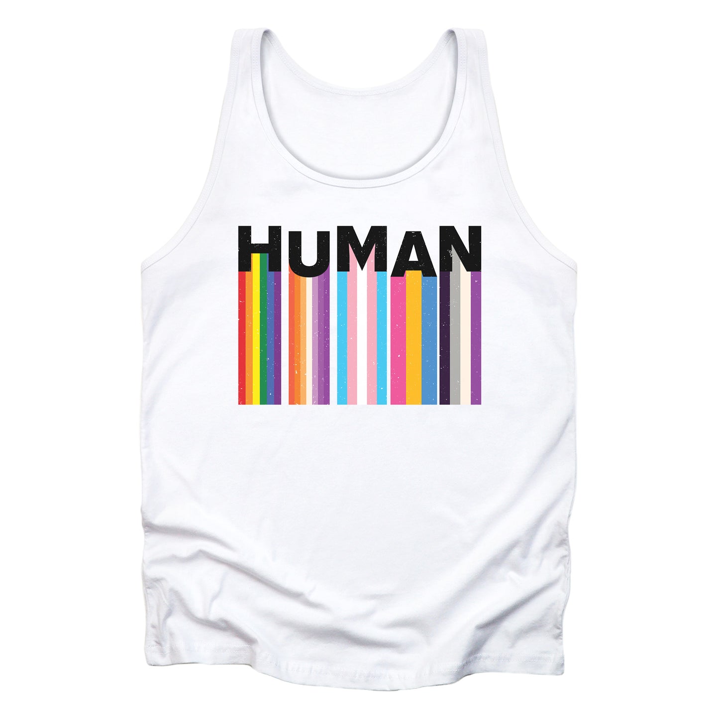 White unisex tank top with a colorful and dynamic image featuring the word "HUMAN" written in an artistic style.  Each letter is arranged to create a wavy pattern. There are stripes of colors coming down from the bottom of each letter representing different sexualities in the LGBTQ+ community. The "H" represents Gay, the "U" represents Lesbian, the "M" represents Trans, the "A" represents Pansexual, and the "N" represents Asexual.