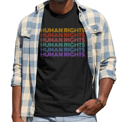 Black unisex t-shirt that says, “HUMAN RIGHTS” six times. The first row is yellow, the second row is burgundy/red, the third row is dark pink, the fourth row is teal, the fifth row is dark blue, and the last row is purple.