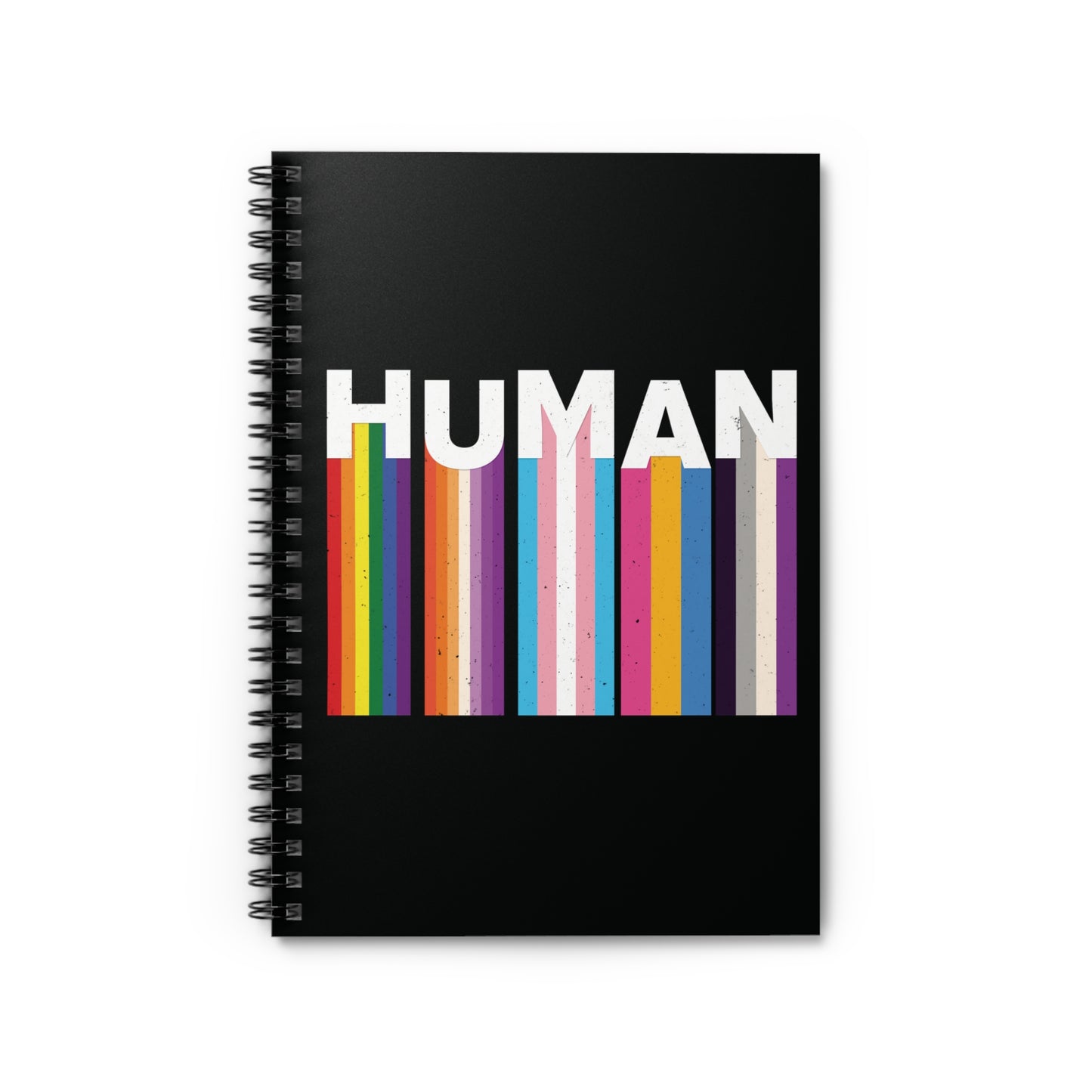 A 118-page spiral bound notebook with a black cover. It has a colorful and dynamic image featuring the word "HUMAN" written in an artistic style.  Each letter is arranged to create a wavy pattern. There are stripes of colors coming down from the bottom of each letter representing different sexualities in the LGBTQ+ community. The "H" represents Gay, the "U" represents Lesbian, the "M" represents Trans, the "A" represents Pansexual, and the "N" represents Asexual.