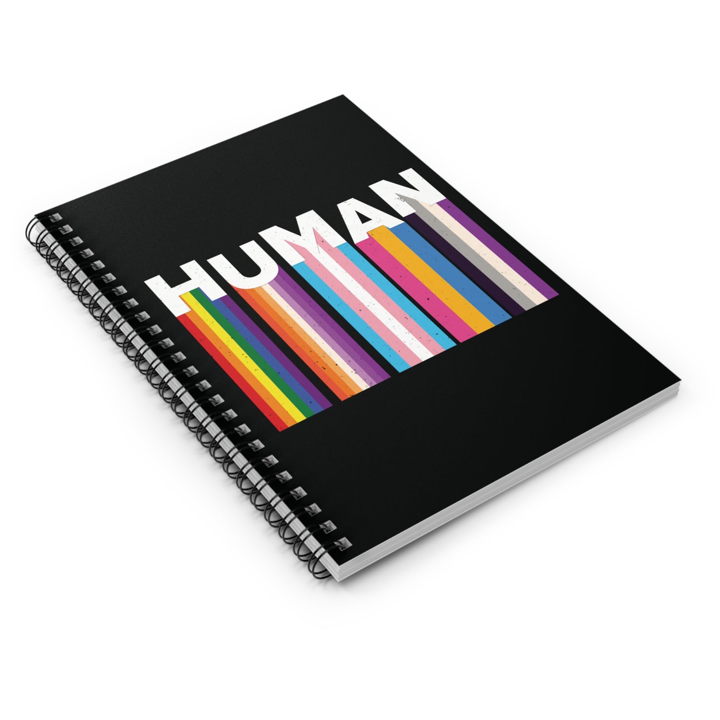 A 118-page spiral bound notebook with a black cover. It has a colorful and dynamic image featuring the word "HUMAN" written in an artistic style.  Each letter is arranged to create a wavy pattern. There are stripes of colors coming down from the bottom of each letter representing different sexualities in the LGBTQ+ community. The "H" represents Gay, the "U" represents Lesbian, the "M" represents Trans, the "A" represents Pansexual, and the "N" represents Asexual.