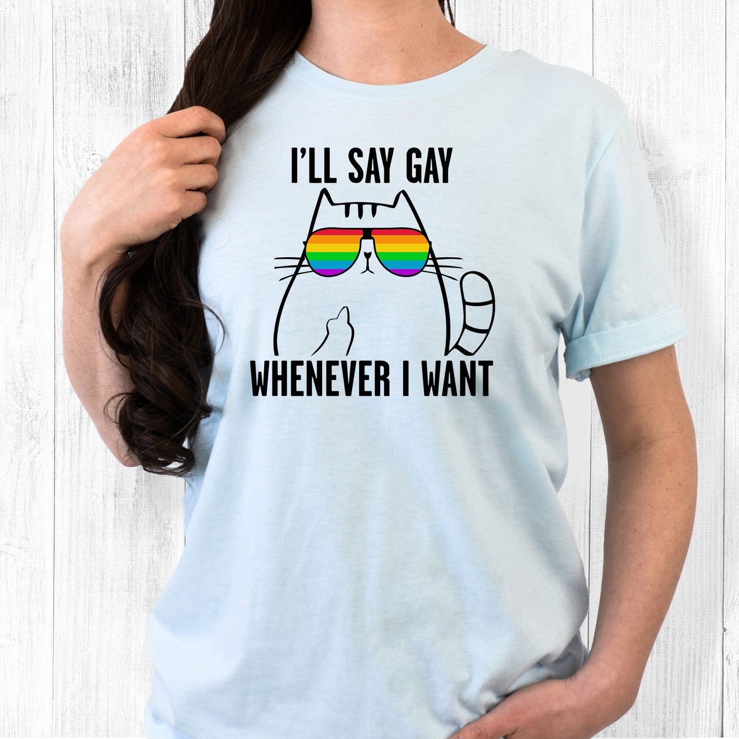 Heather Ice Blue color unisex t-shirt with a graphic of a cat wearing rainbow sunglasses. The text says, “I’ll Say Gay Whenever I Want” with the words “I’ll say gay” above the graphic and the rest of the text below the graphic. The cat is also holding up its middle finger.
