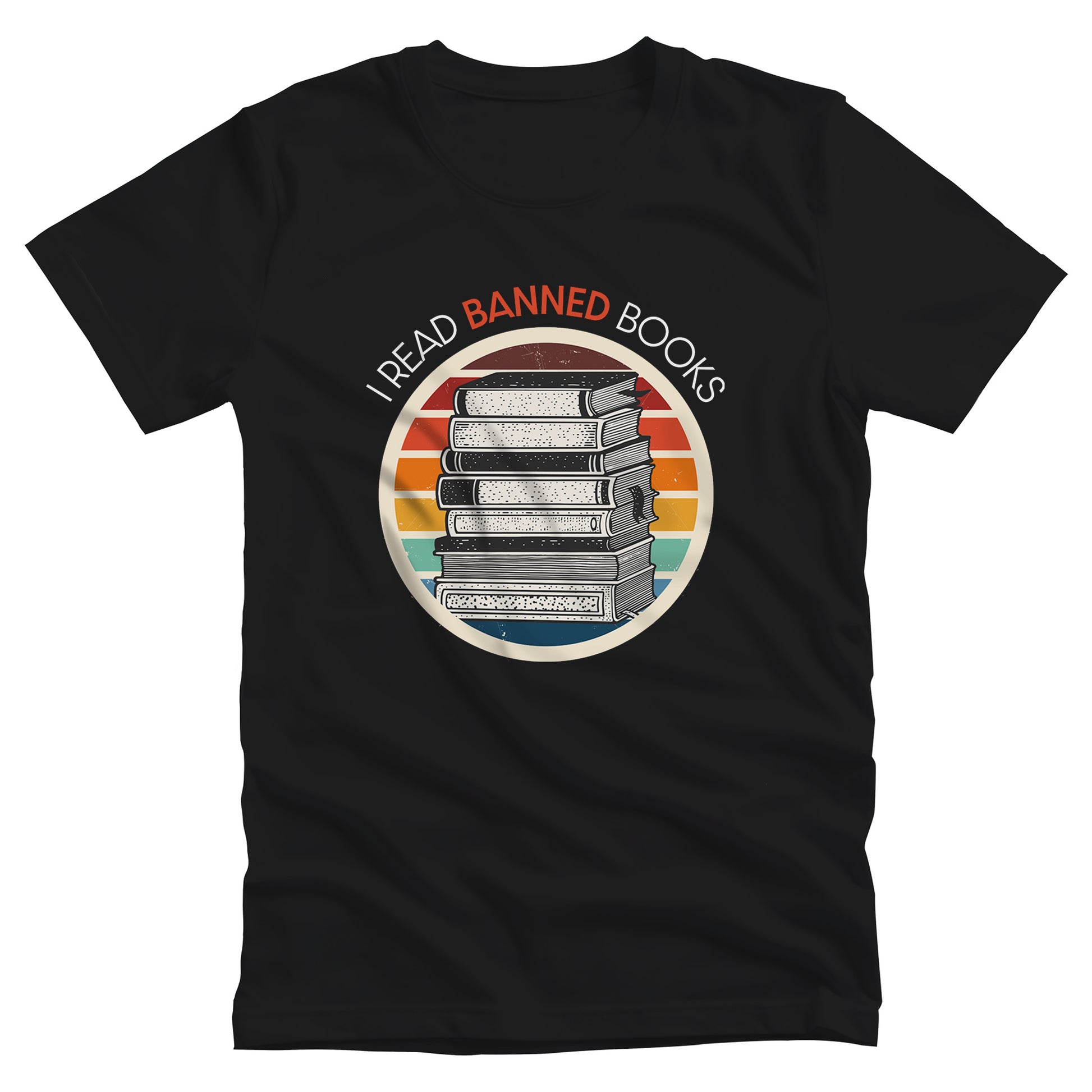 Black unisex t-shirt with a circular graphic of stacked old books with a vintage sunset made from horizontal lines behind it. “I READ BANNED BOOKS” is arched over the graphic with the word. “BANNED” an orange color.