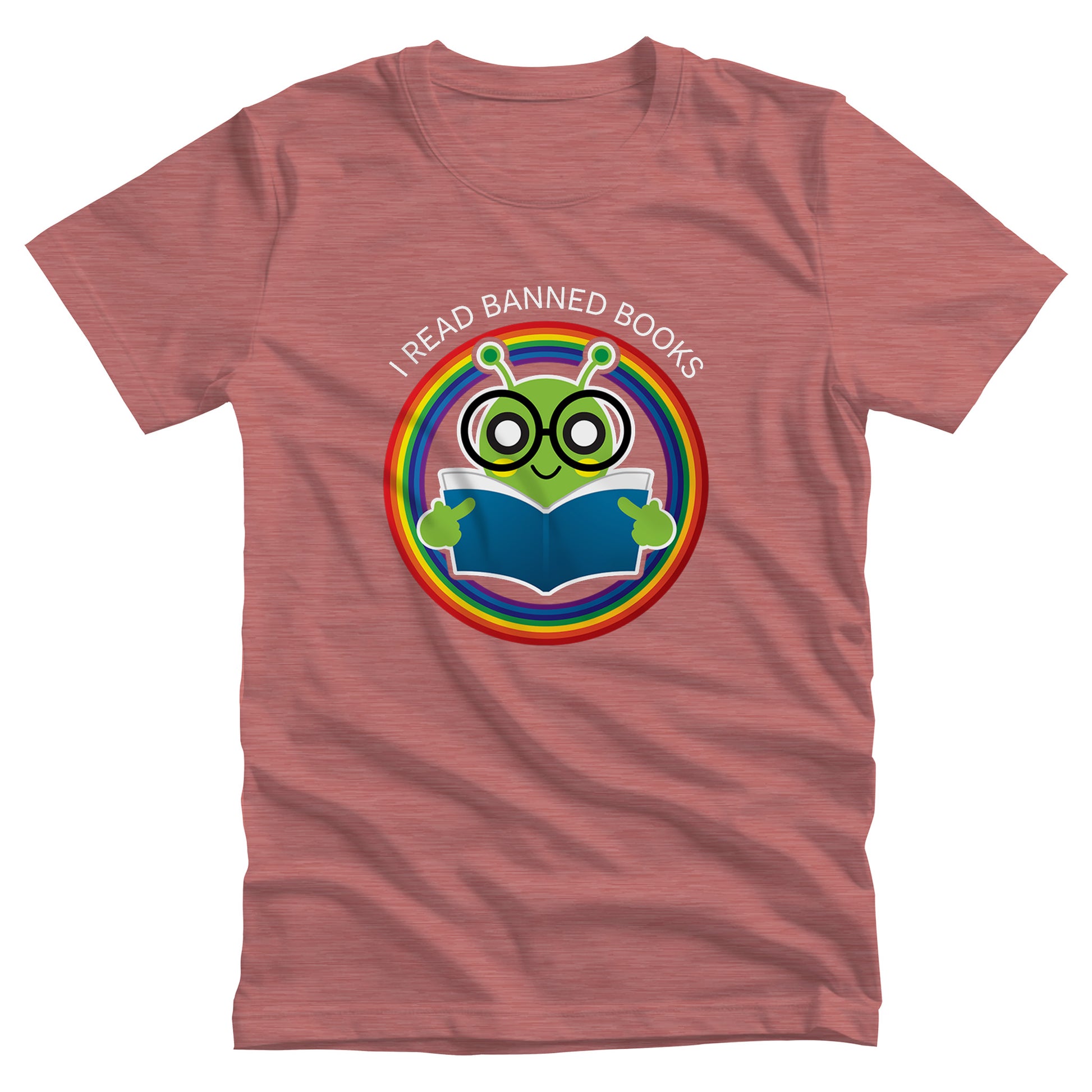 Heather Mauve color unisex t-shirt with a graphic of a bookworm with large eyeglasses reading a book. The bookworm is subtly holding up its middle fingers. The image is inside a circle that has rainbow colors. Arched over the top of the graphic are the words “I READ BANNED BOOKS.”
