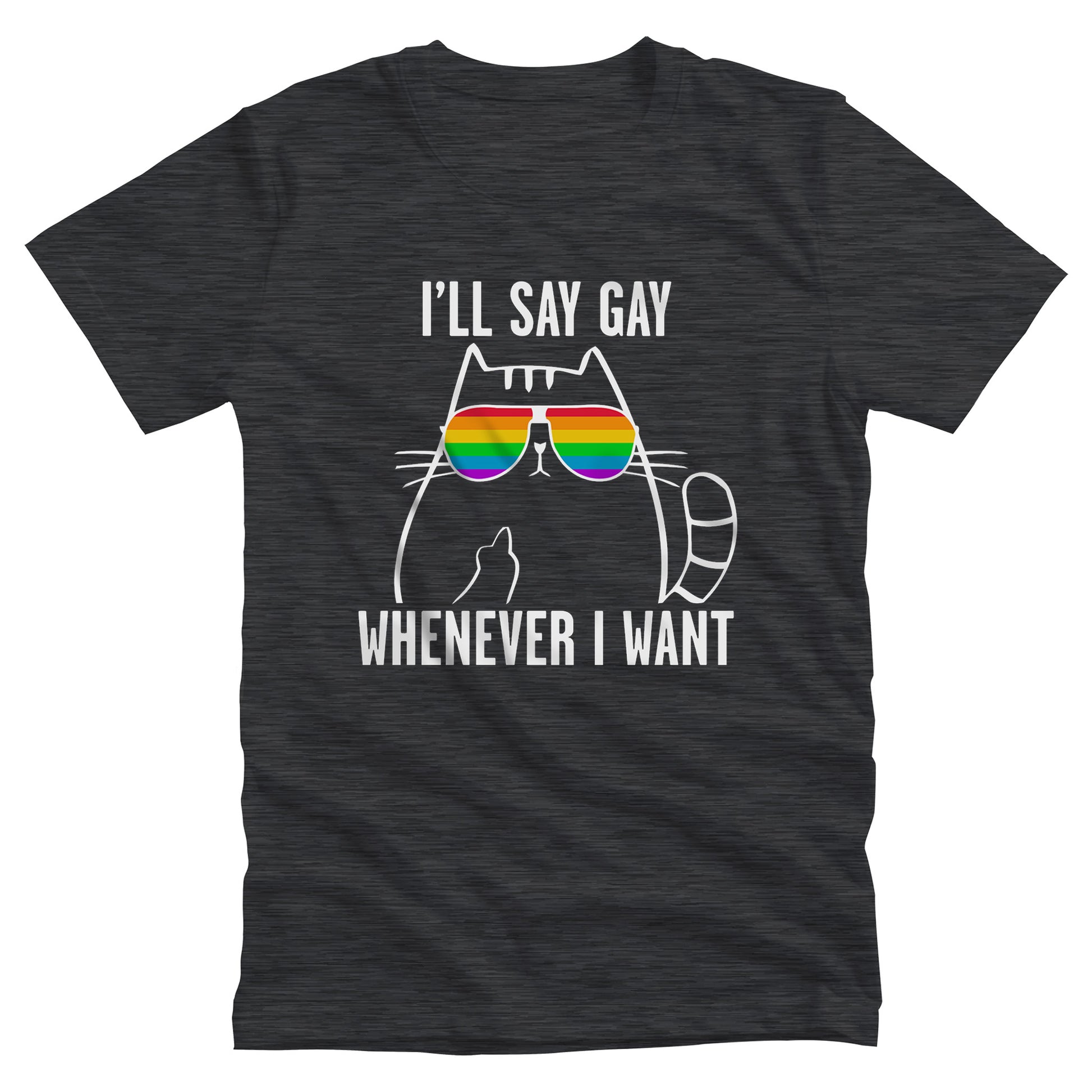 Dark Grey Heather color unisex t-shirt with a graphic of a cat wearing rainbow sunglasses. The text says, “I’ll Say Gay Whenever I Want” with the words “I’ll say gay” above the graphic and the rest of the text below the graphic. The cat is also holding up its middle finger.