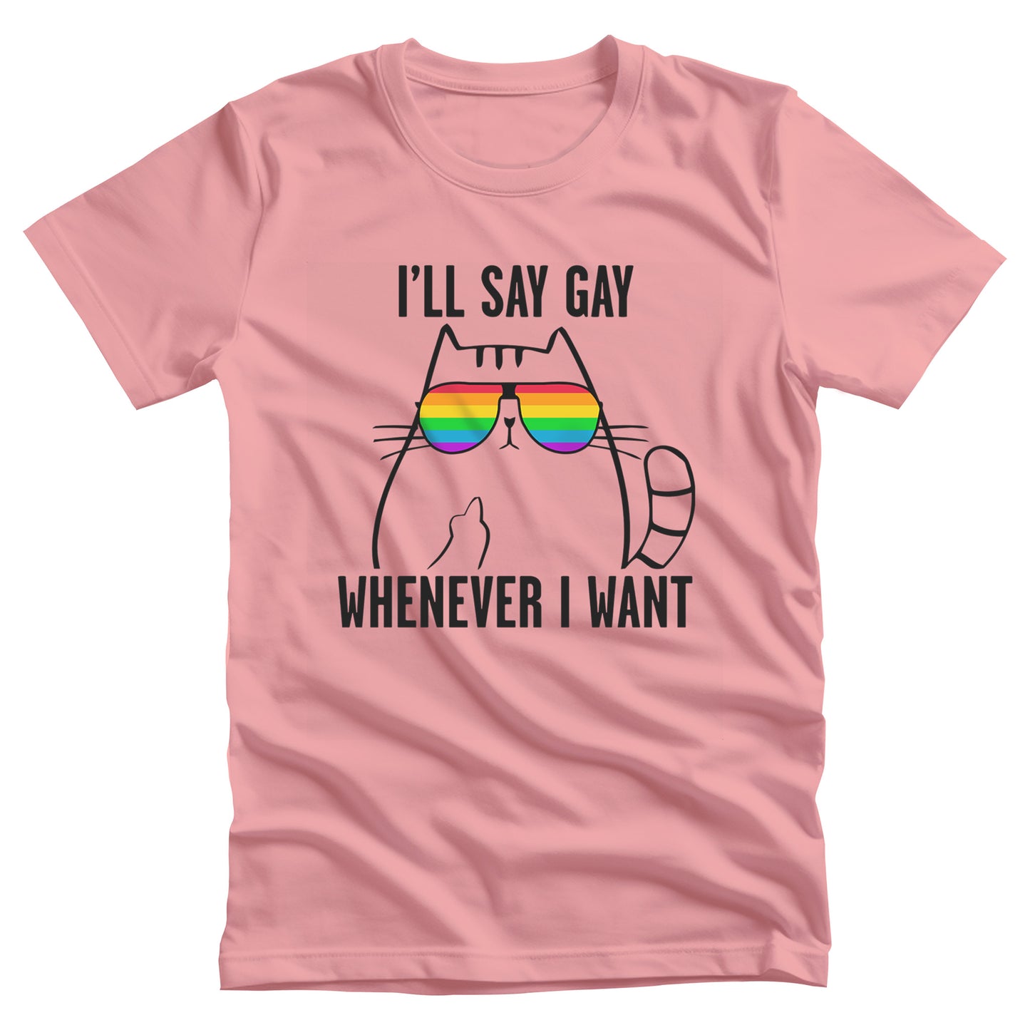 Pink unisex t-shirt with a graphic of a cat wearing rainbow sunglasses. The text says, “I’ll Say Gay Whenever I Want” with the words “I’ll say gay” above the graphic and the rest of the text below the graphic. The cat is also holding up its middle finger.
