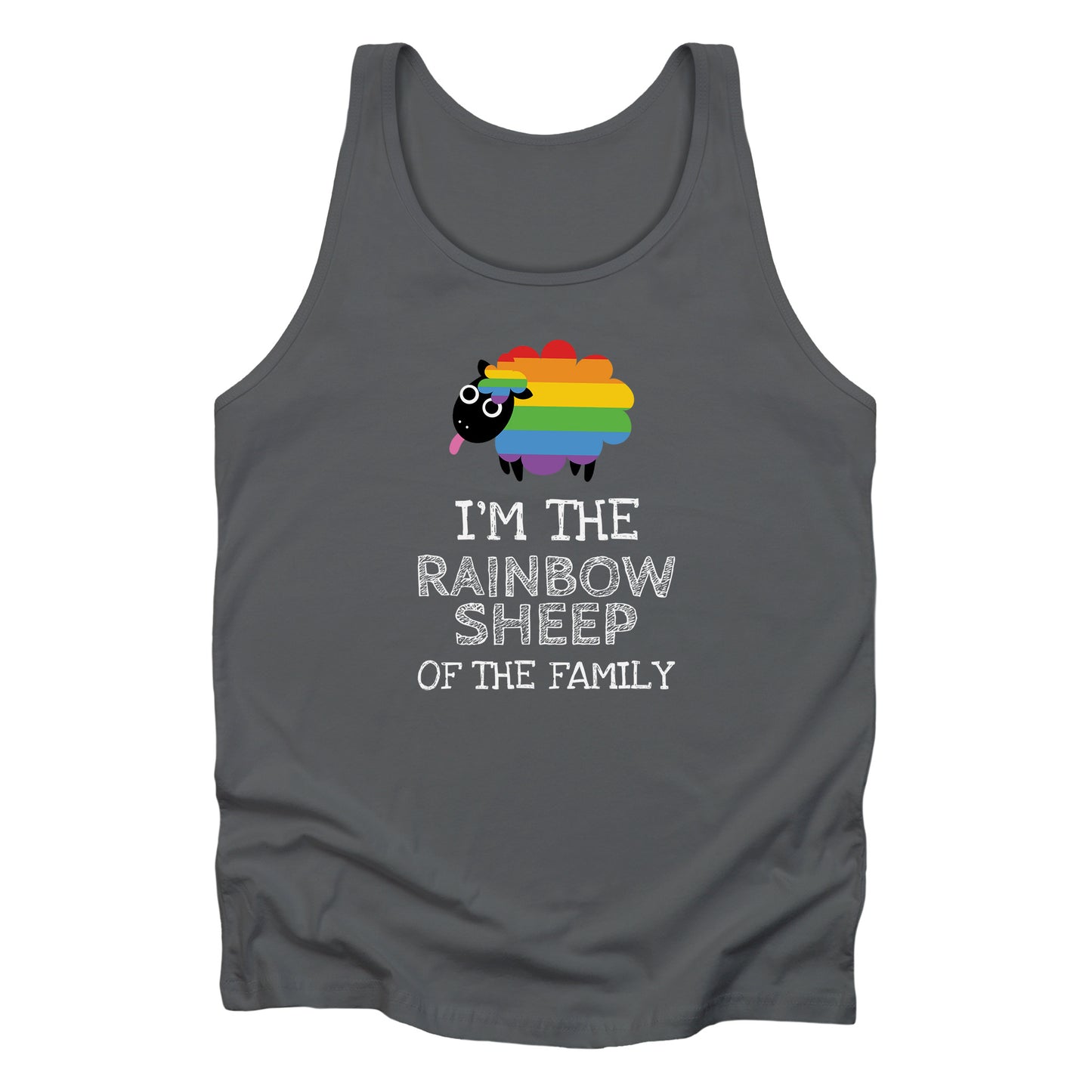 Asphalt color unisex tank top that says, “I’m the rainbow sheep of the family” with a graphic of a rainbow-colored sheep above it.