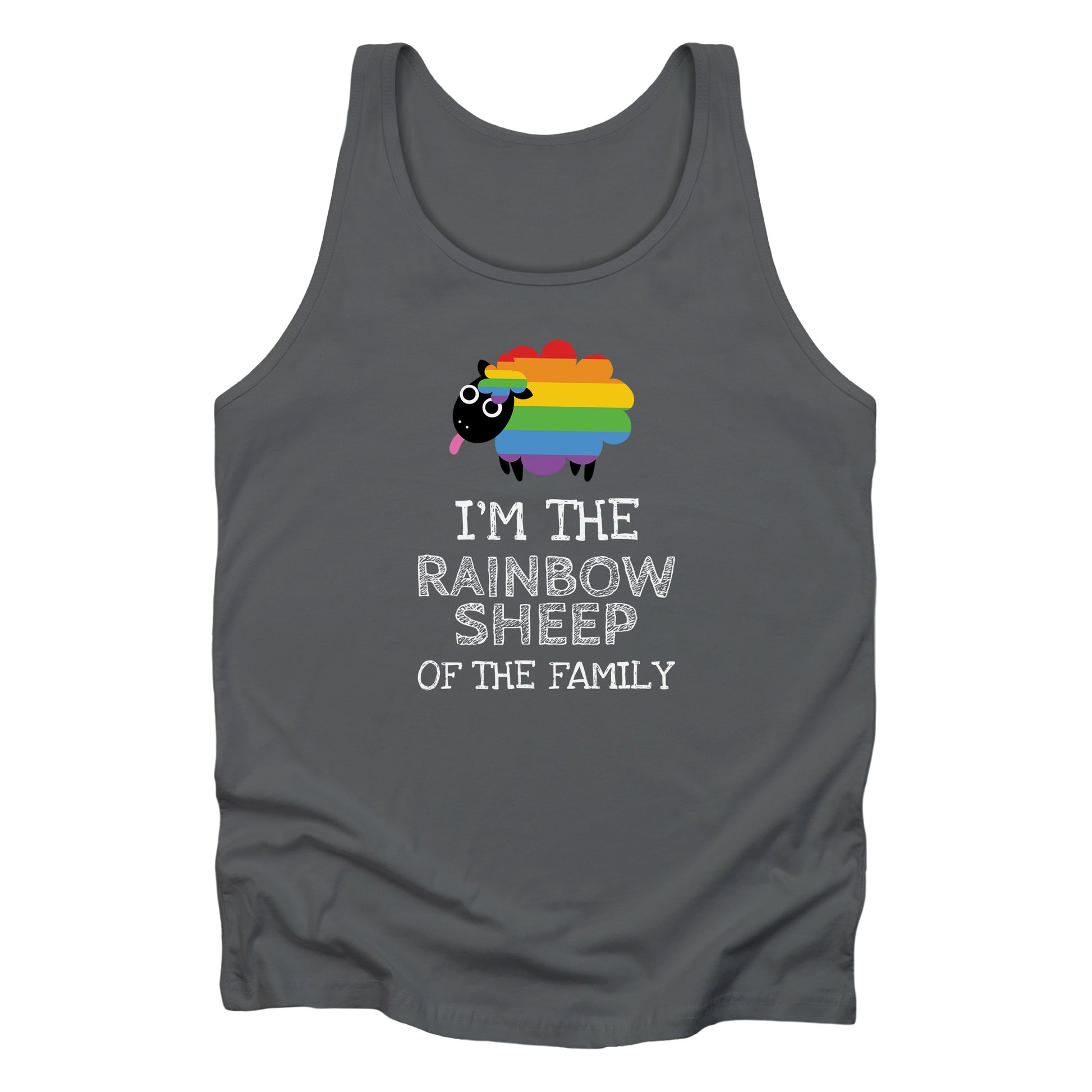 Asphalt color unisex tank top that says, “I’m the rainbow sheep of the family” with a graphic of a rainbow-colored sheep above it.