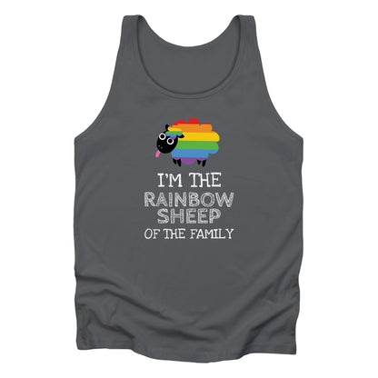 Asphalt color unisex tank top that says, “I’m the rainbow sheep of the family” with a graphic of a rainbow-colored sheep above it.