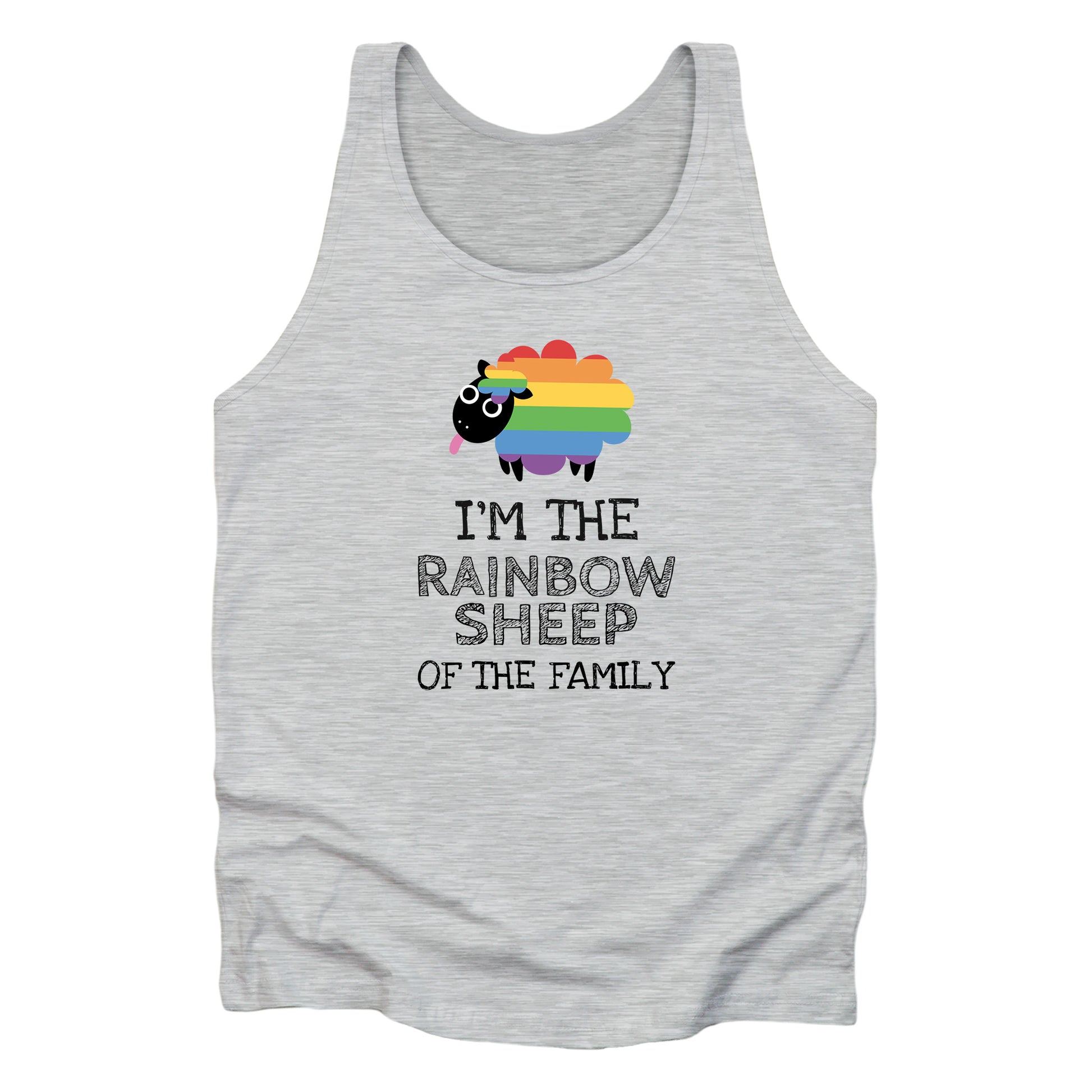 Athletic Heather color unisex tank top that says, “I’m the rainbow sheep of the family” with a graphic of a rainbow-colored sheep above it.