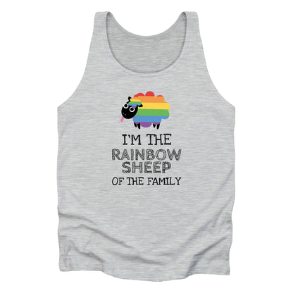 Athletic Heather color unisex tank top that says, “I’m the rainbow sheep of the family” with a graphic of a rainbow-colored sheep above it.