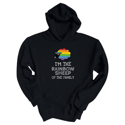 Black hoodie that says, “I’m the rainbow sheep of the family” with a graphic of a rainbow-colored sheep above it.