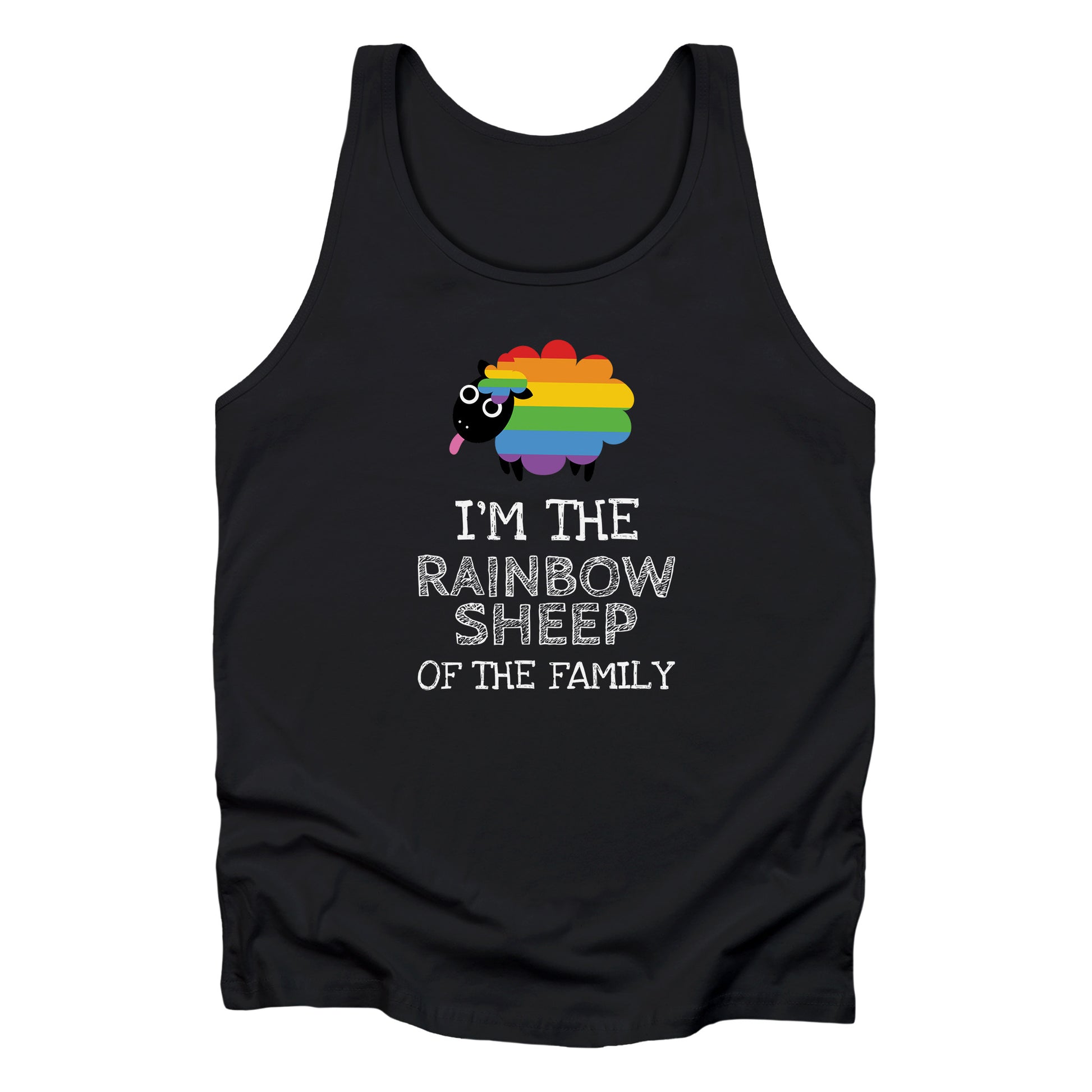 Black unisex tank top that says, “I’m the rainbow sheep of the family” with a graphic of a rainbow-colored sheep above it.