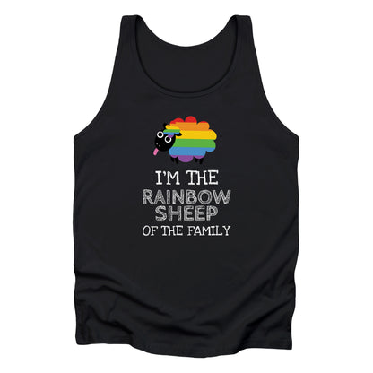 Black unisex tank top that says, “I’m the rainbow sheep of the family” with a graphic of a rainbow-colored sheep above it.