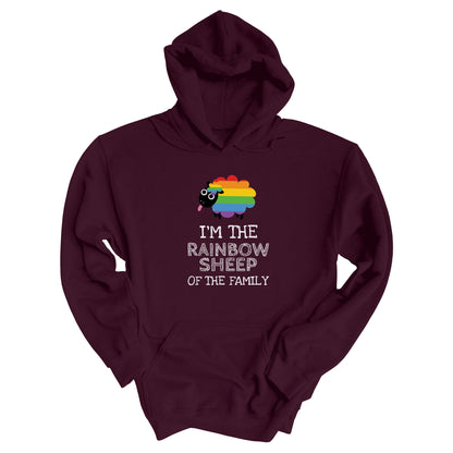 Maroon hoodie that says, “I’m the rainbow sheep of the family” with a graphic of a rainbow-colored sheep above it.