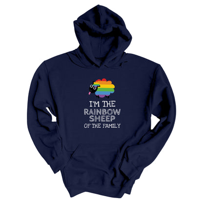 Navy Blue hoodie that says, “I’m the rainbow sheep of the family” with a graphic of a rainbow-colored sheep above it.
